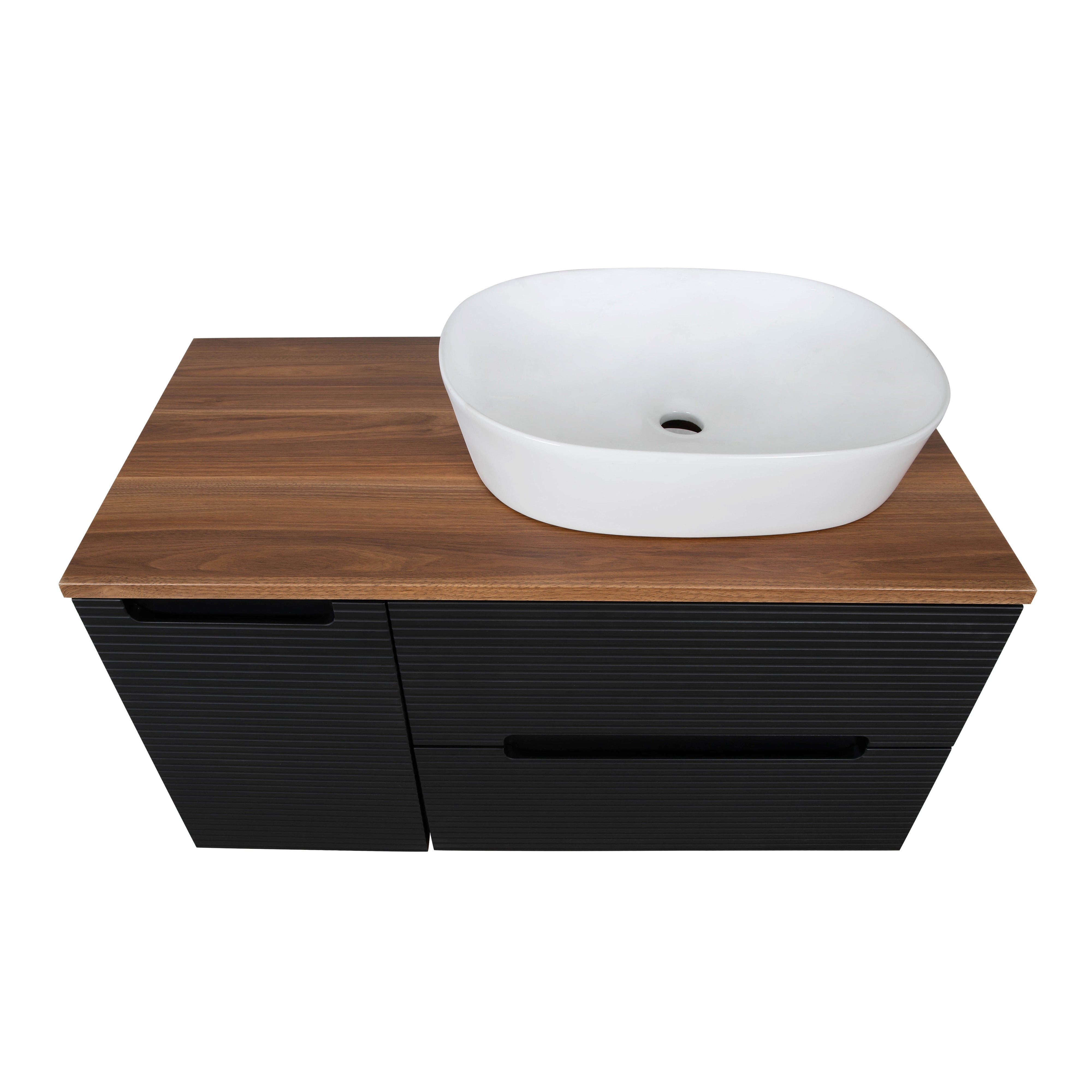 Monza Plus 900mm Fluted Wall Hung Vanity & Counter Top - Matte Black/Cali Walnut