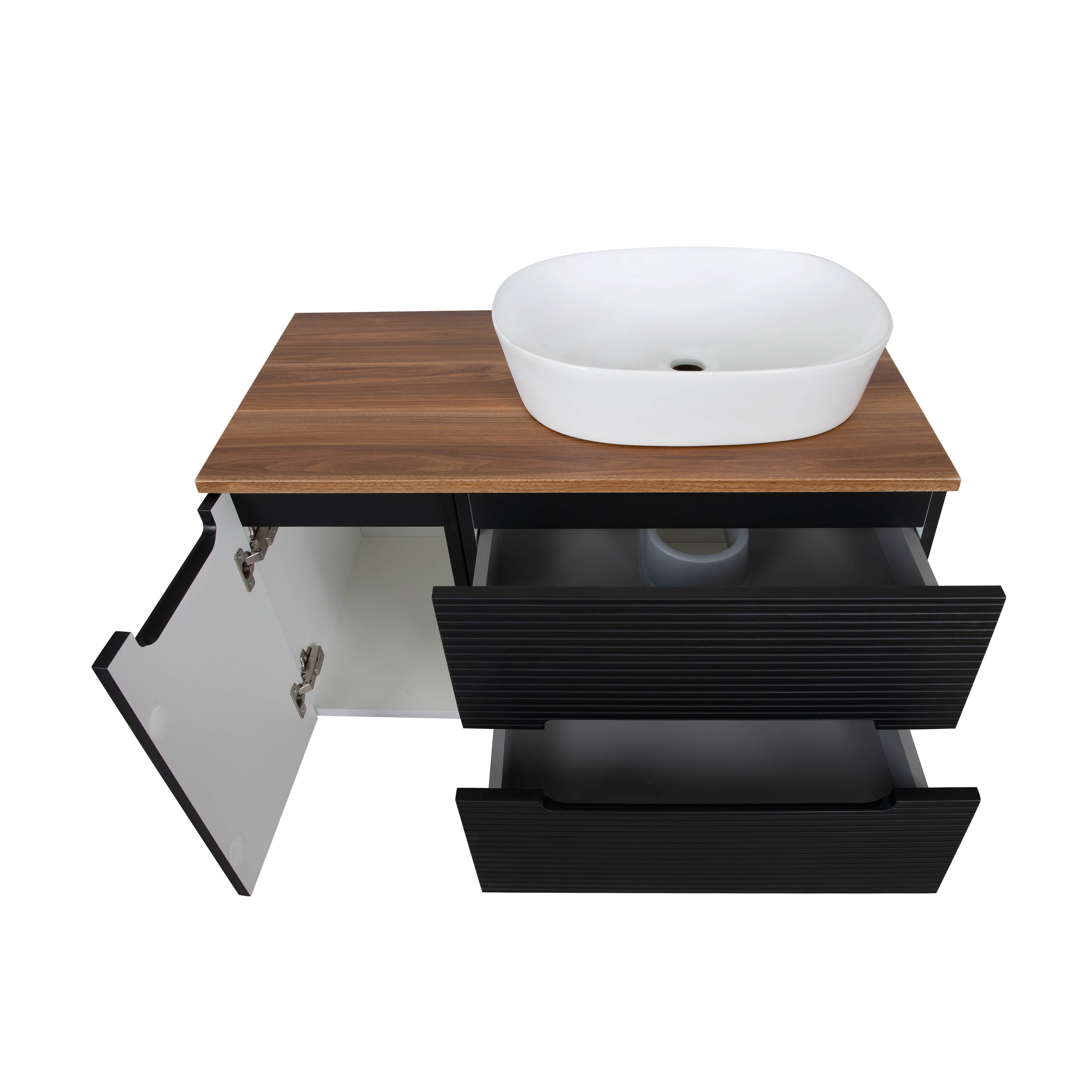Monza Plus 900mm Fluted Wall Hung Vanity & Counter Top - Matte Black/Cali Walnut