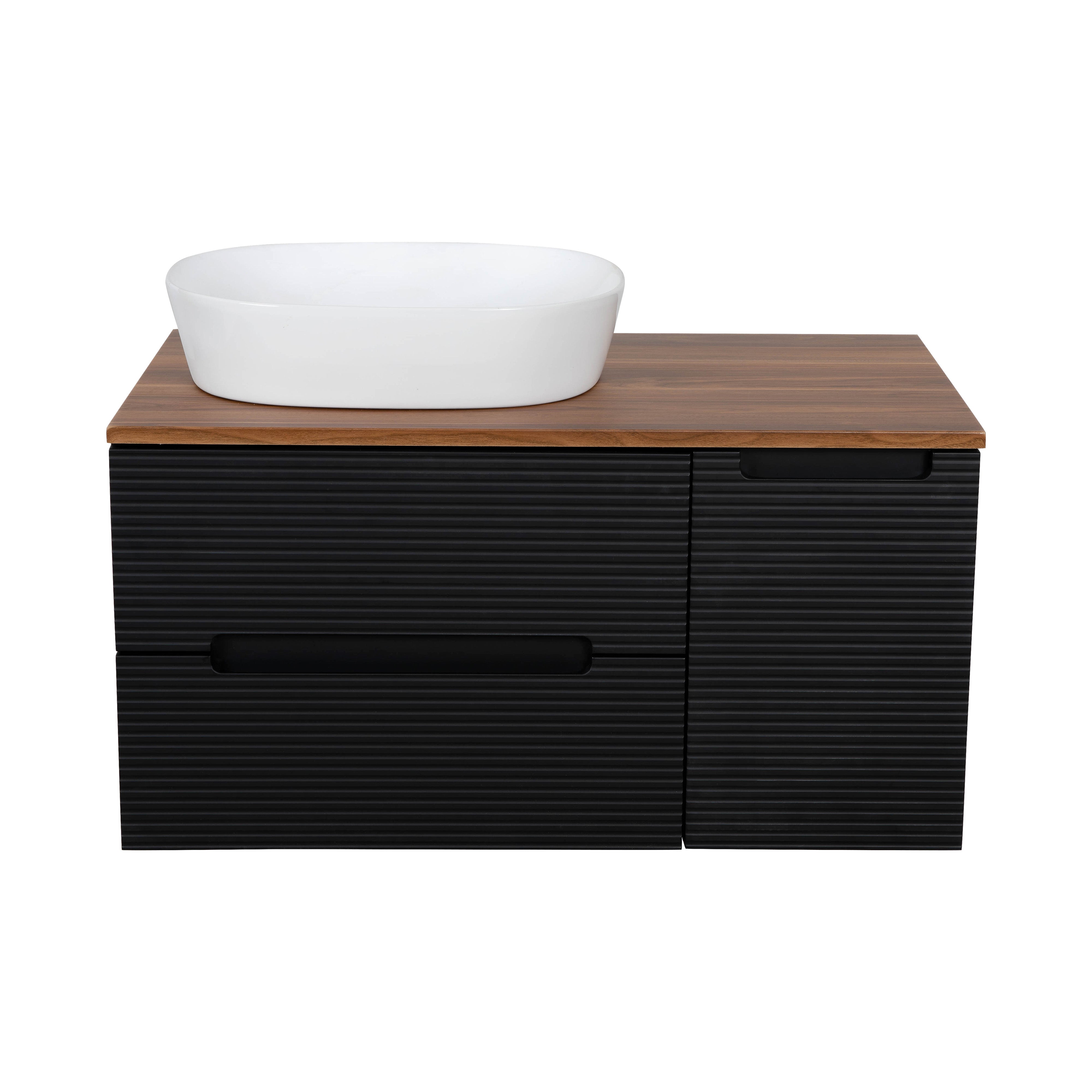 Monza Plus 900mm Fluted Wall Hung Vanity & Counter Top - Matte Black/Cali Walnut