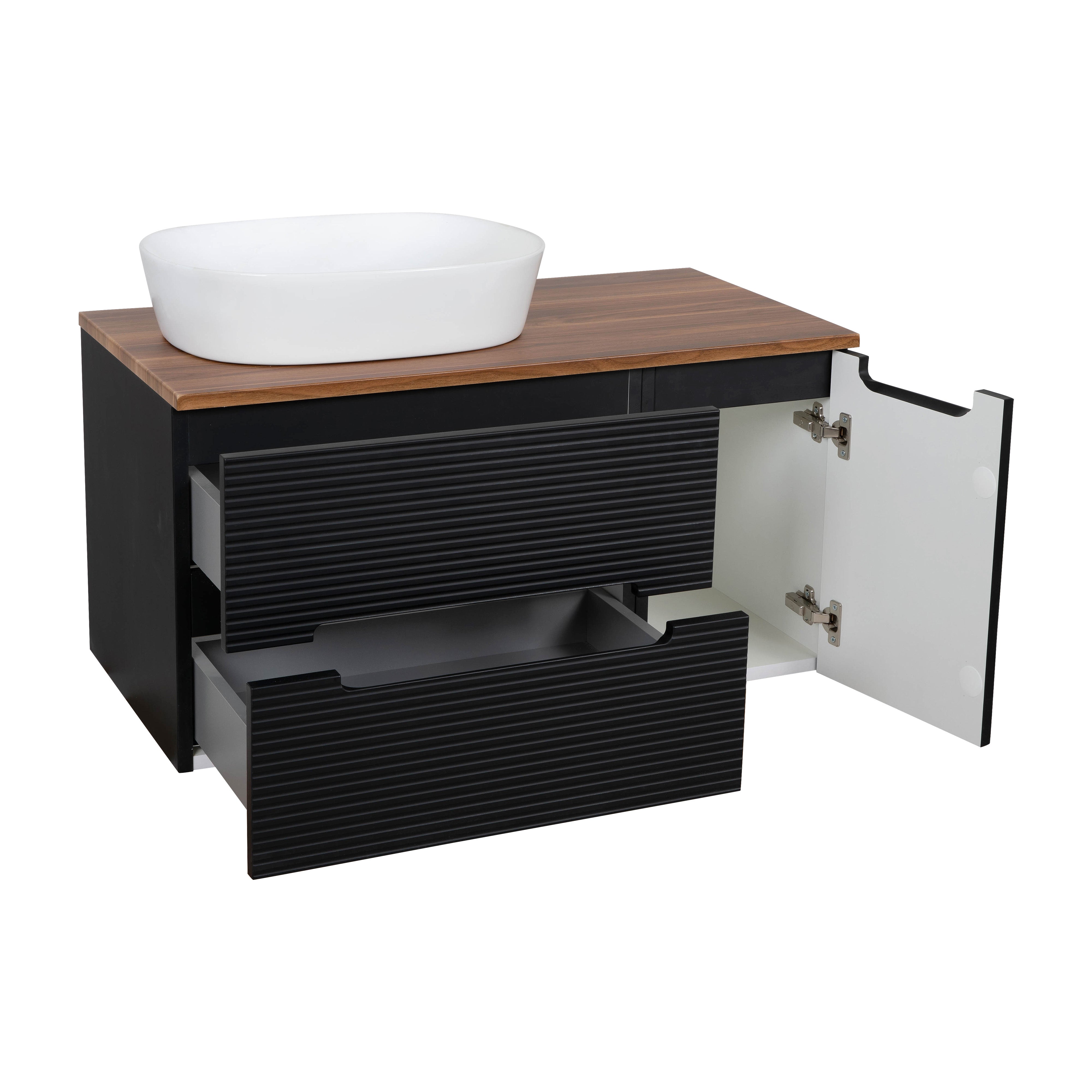 Monza Plus 900mm Fluted Wall Hung Vanity & Counter Top - Matte Black/Cali Walnut