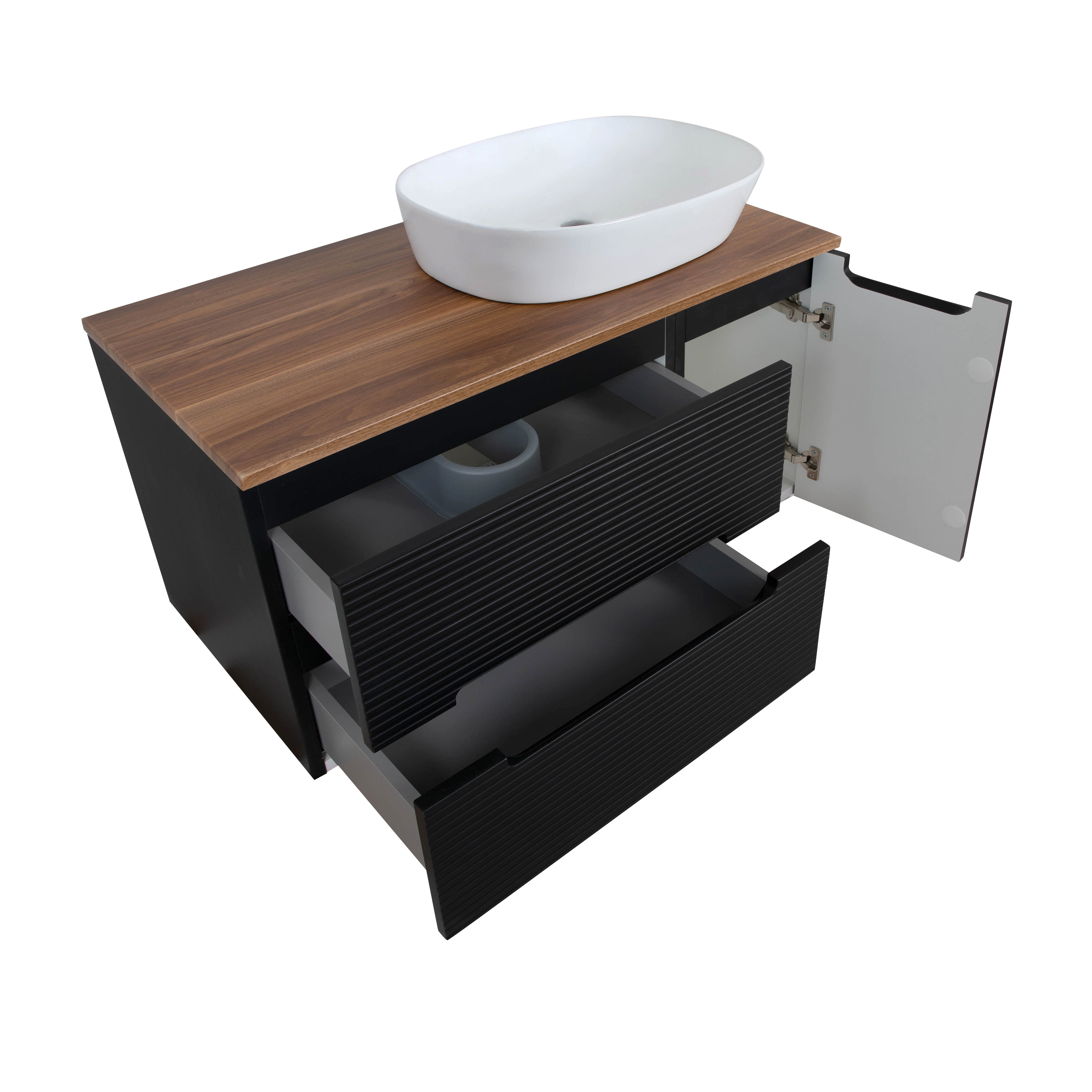 Monza Plus 900mm Fluted Wall Hung Vanity & Counter Top - Matte Black/Cali Walnut
