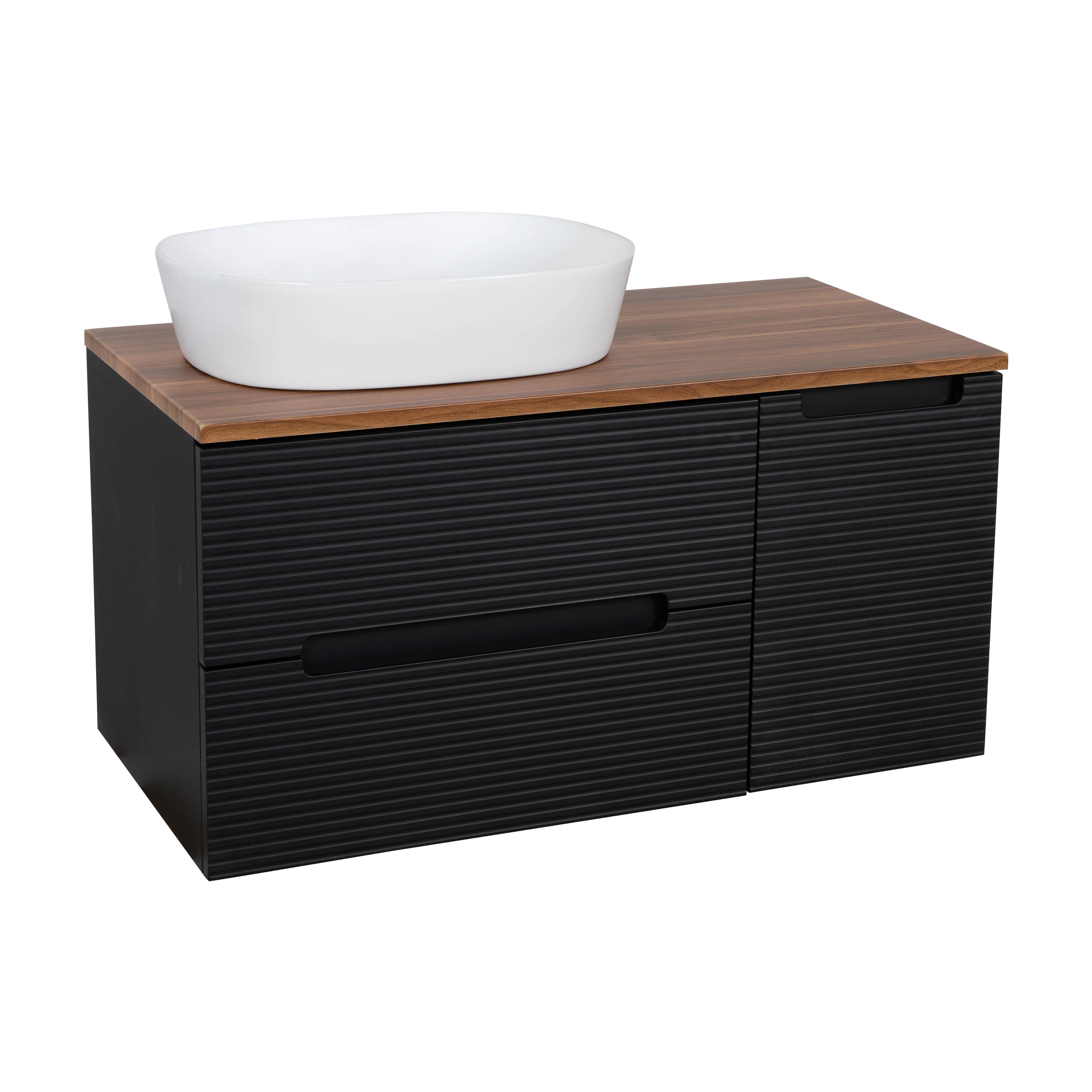Monza Plus 900mm Fluted Wall Hung Vanity & Counter Top - Matte Black/Cali Walnut