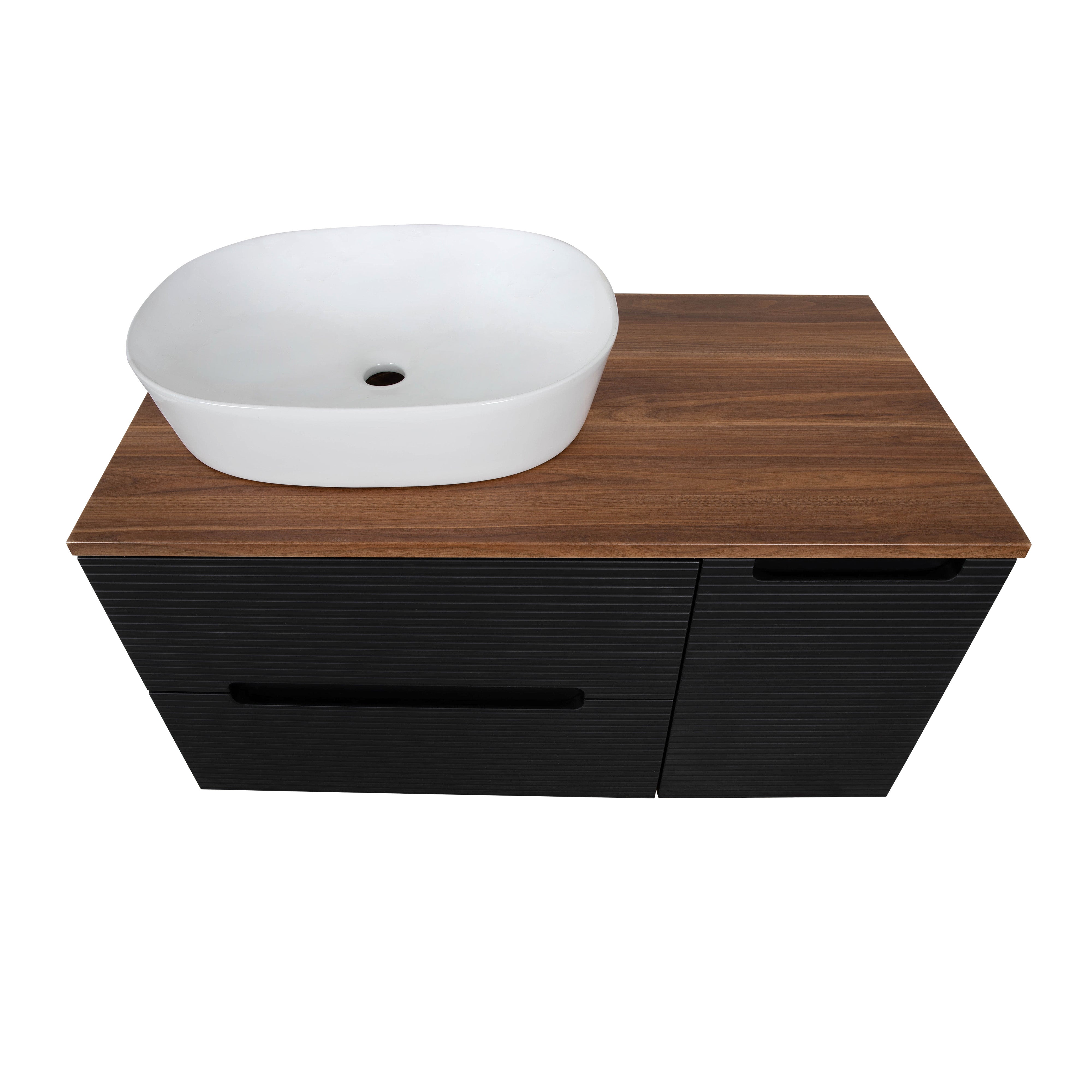 Monza Plus 900mm Fluted Wall Hung Vanity & Counter Top - Matte Black/Cali Walnut