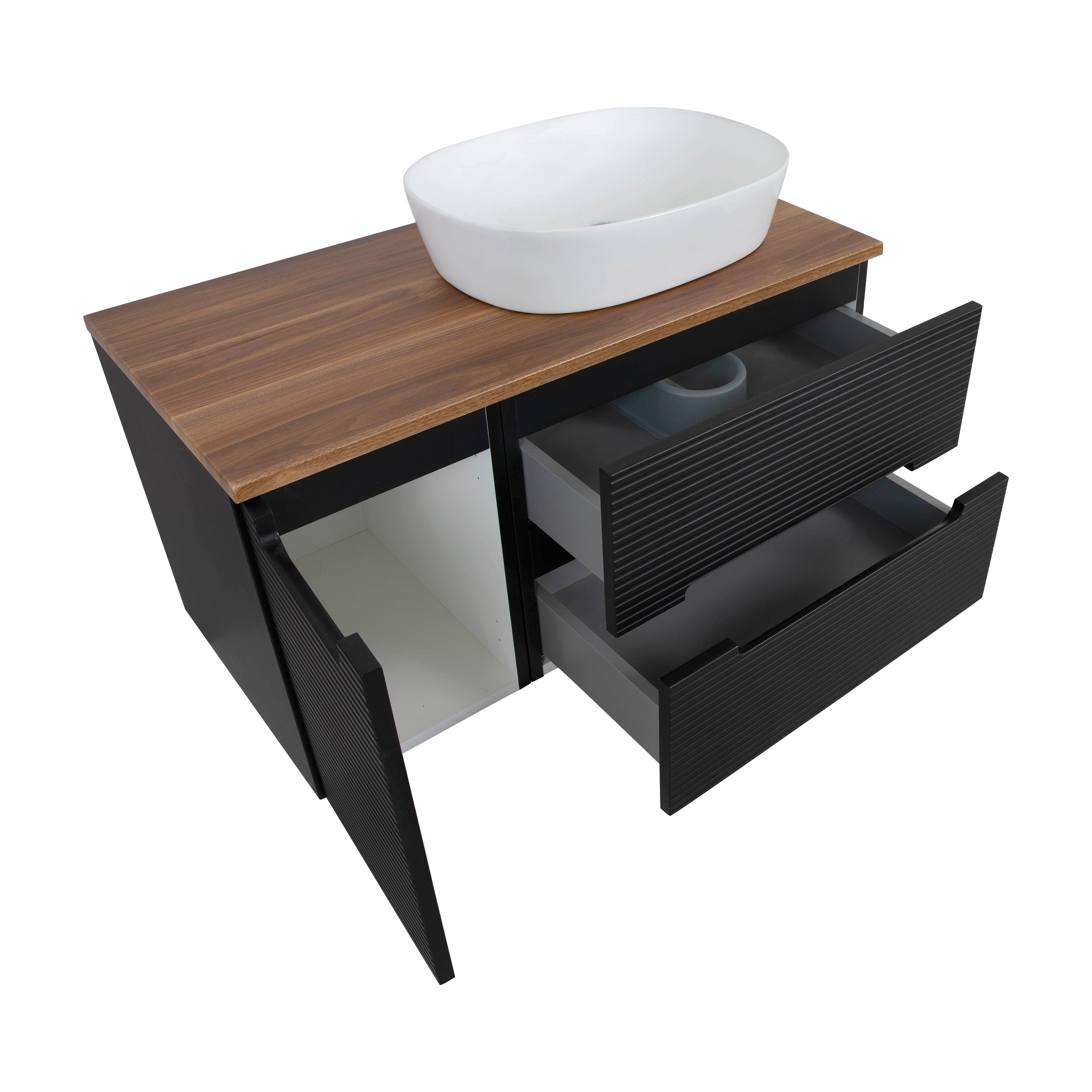 Monza Plus 900mm Fluted Wall Hung Vanity & Counter Top - Matte Black/Cali Walnut