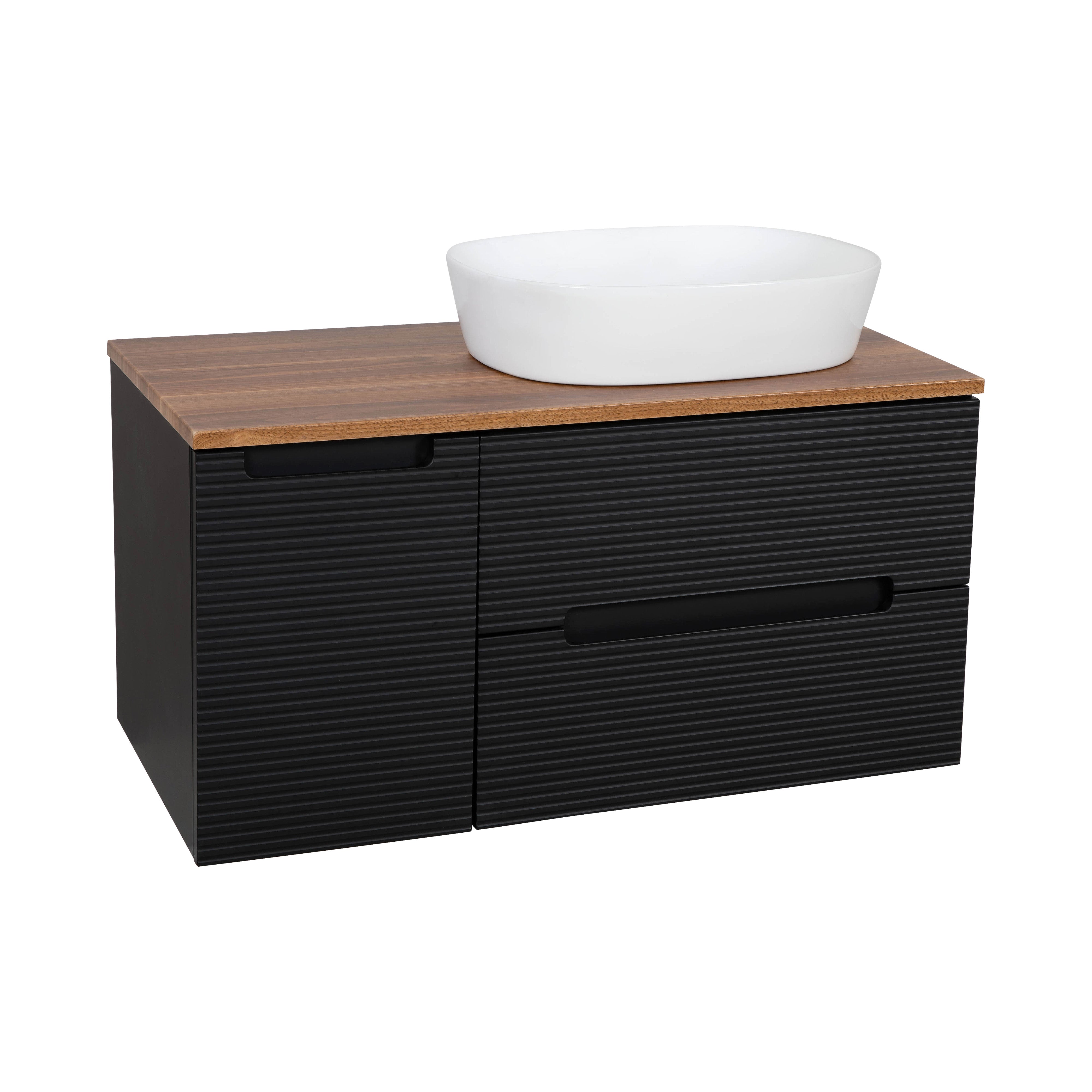 Monza Plus 900mm Fluted Wall Hung Vanity & Counter Top - Matte Black/Cali Walnut