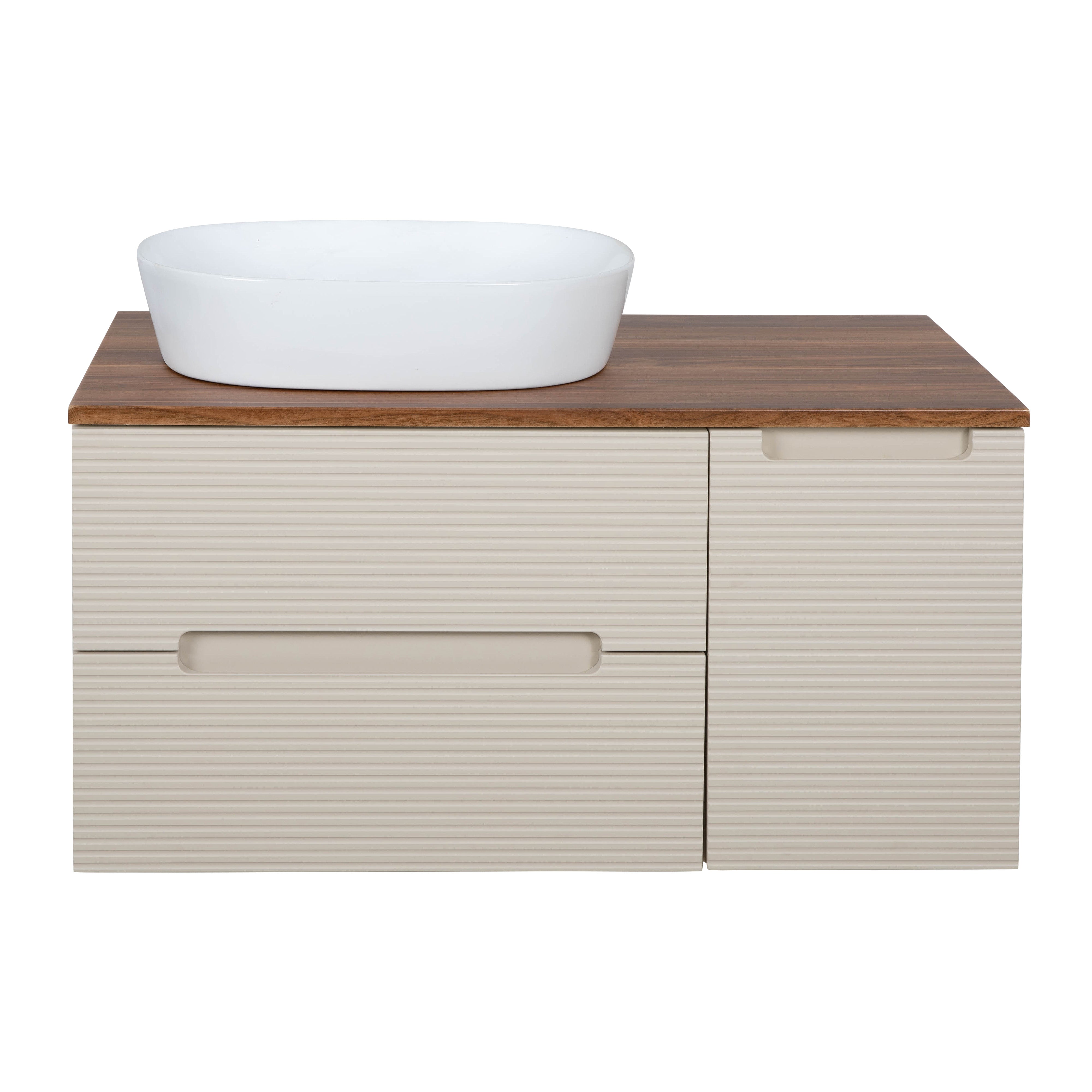 Monza Plus 900mm Fluted Wall Hung Vanity & Counter Top - Warm Oatmeal/Cali Walnut