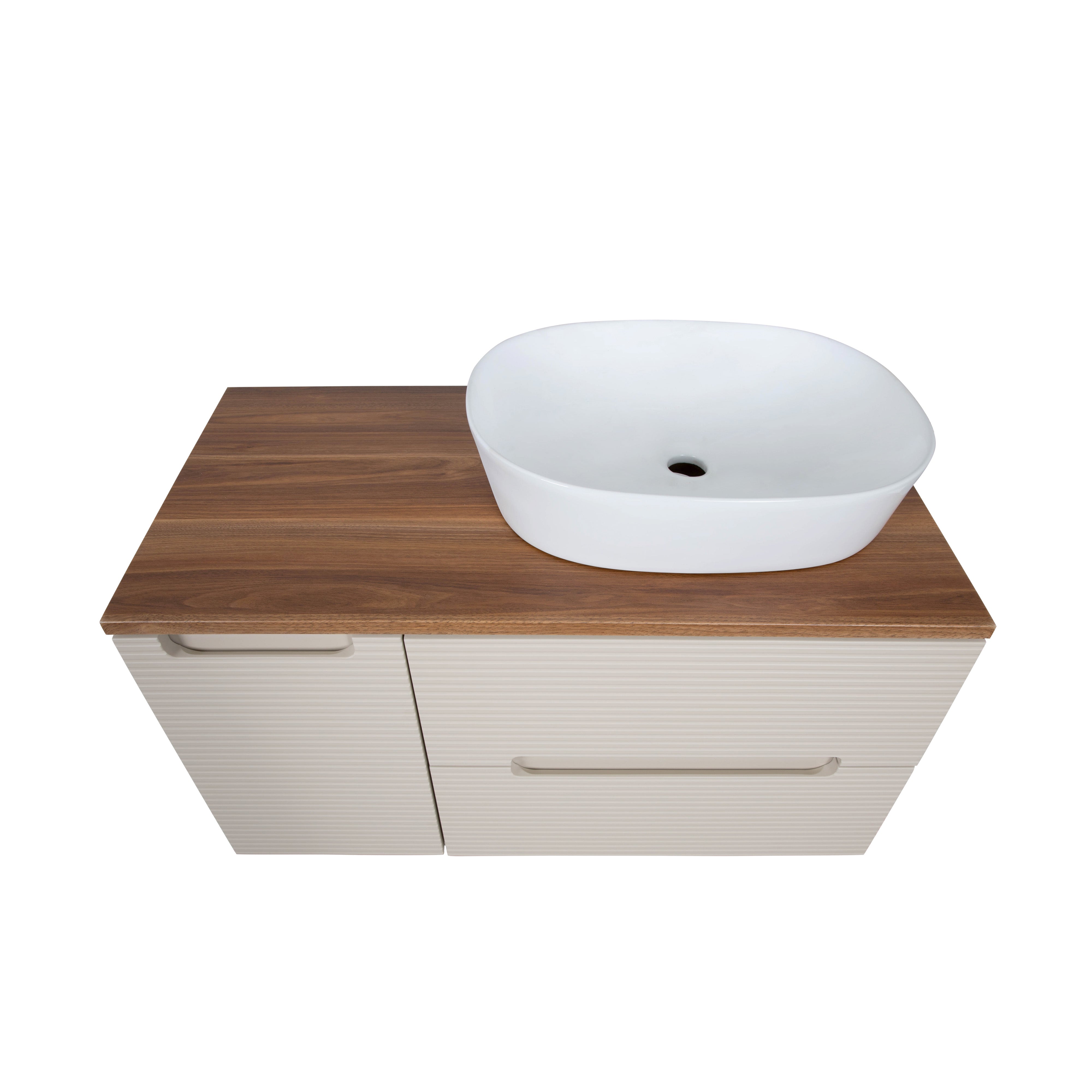 Monza Plus 900mm Fluted Wall Hung Vanity & Counter Top - Warm Oatmeal/Cali Walnut
