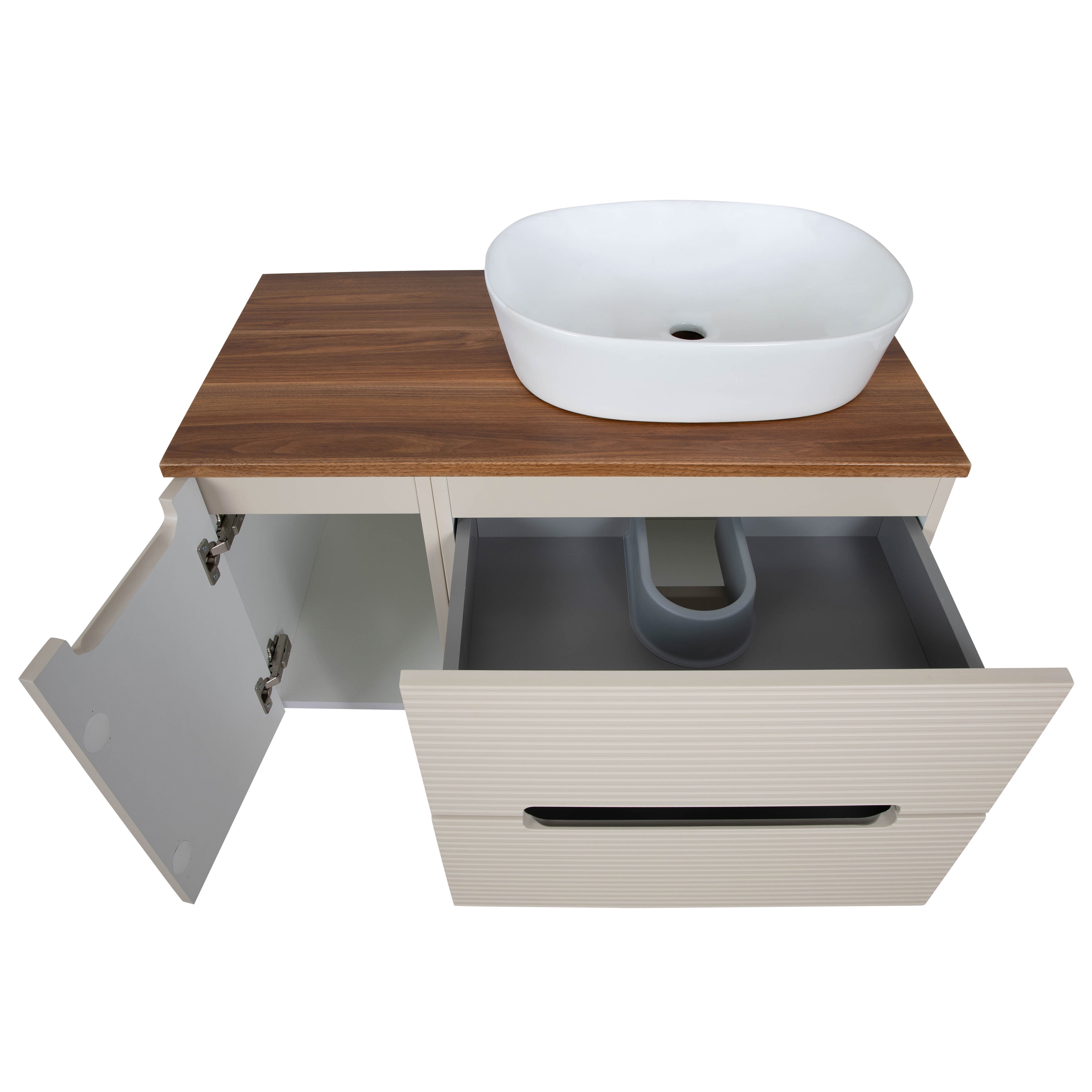 Monza Plus 900mm Fluted Wall Hung Vanity & Counter Top - Warm Oatmeal/Cali Walnut