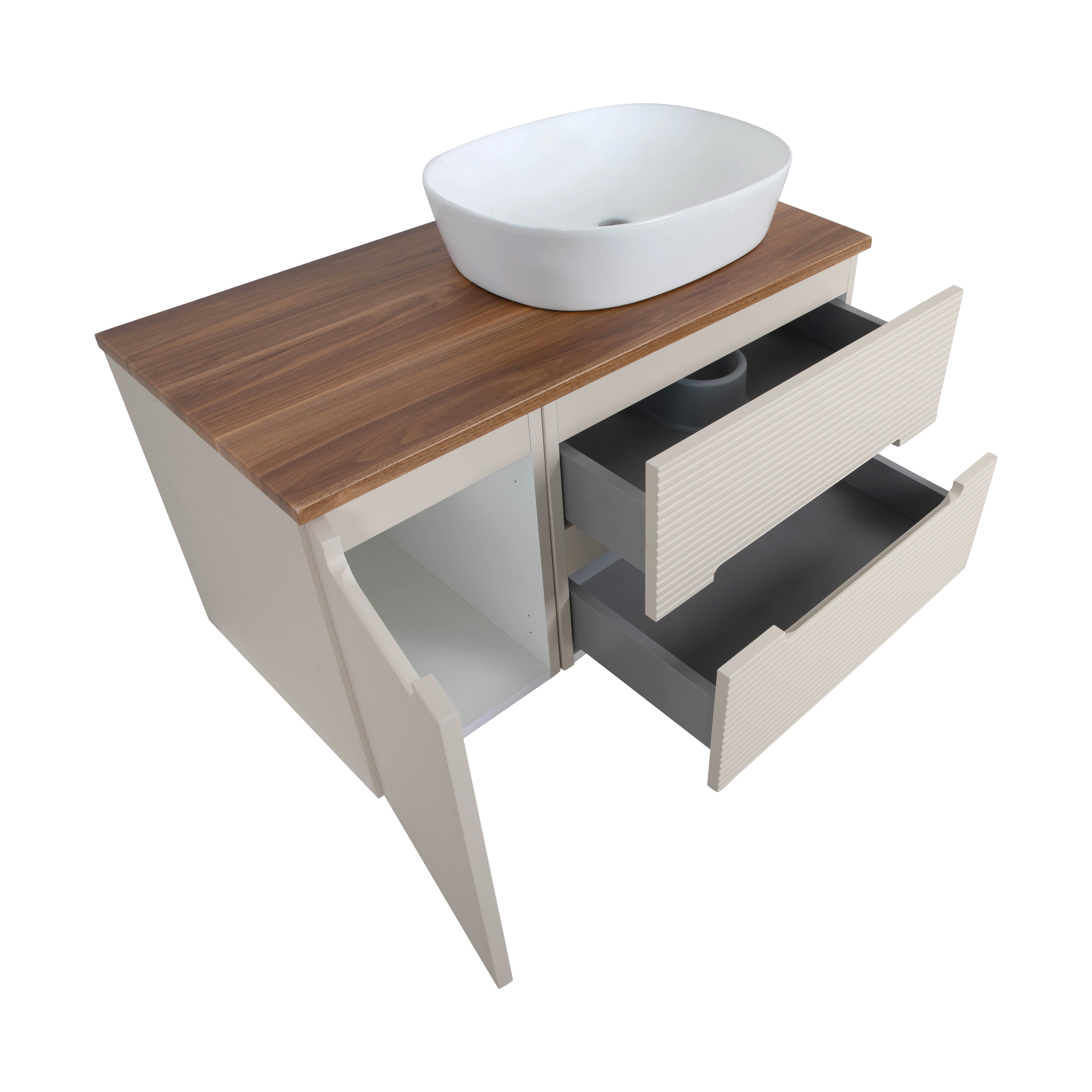 Monza Plus 900mm Fluted Wall Hung Vanity & Counter Top - Warm Oatmeal/Cali Walnut