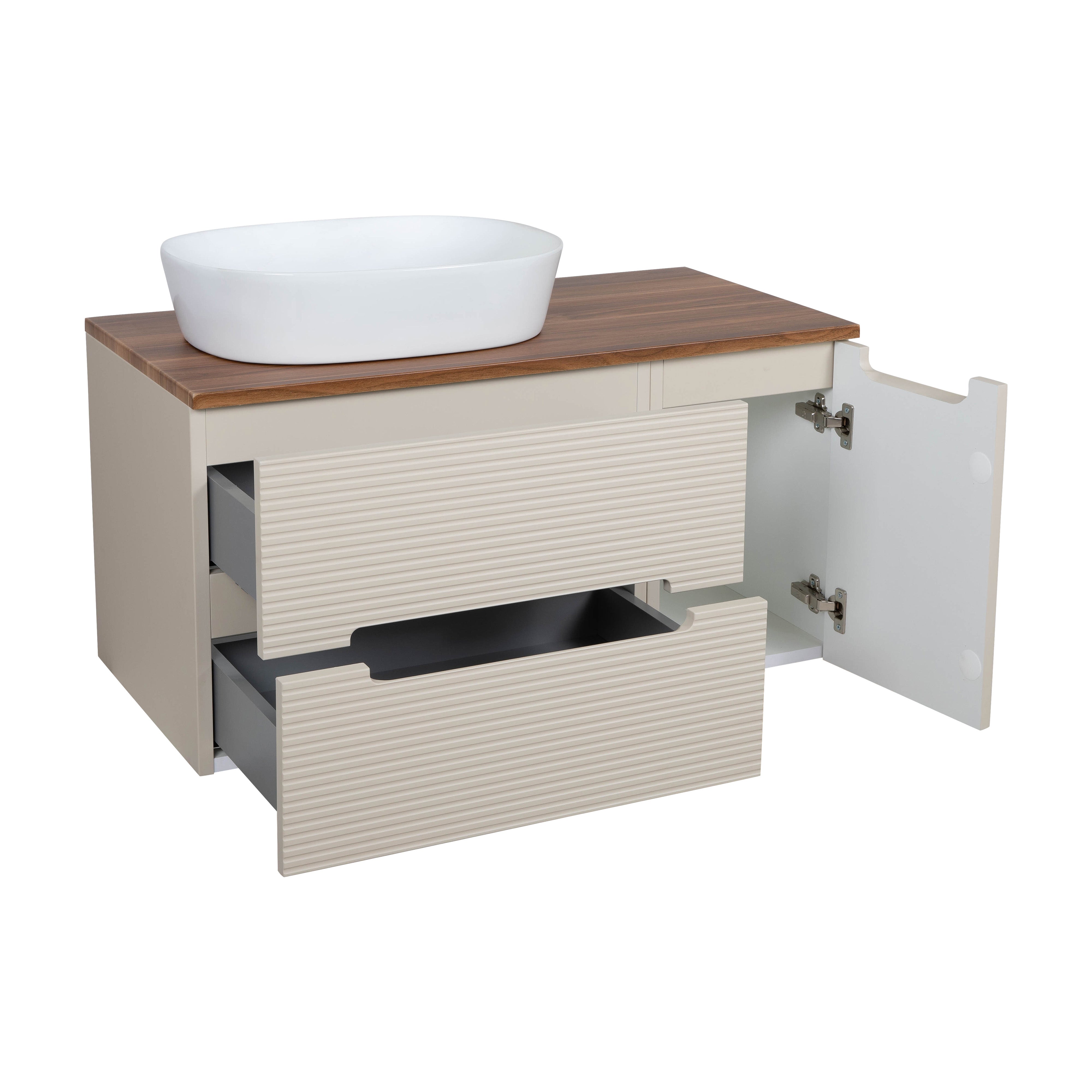 Monza Plus 900mm Fluted Wall Hung Vanity & Counter Top - Warm Oatmeal/Cali Walnut