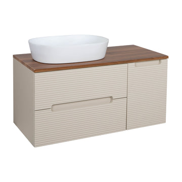 Monza Plus 900mm Fluted Wall Hung Vanity & Counter Top - Warm Oatmeal/Cali Walnut