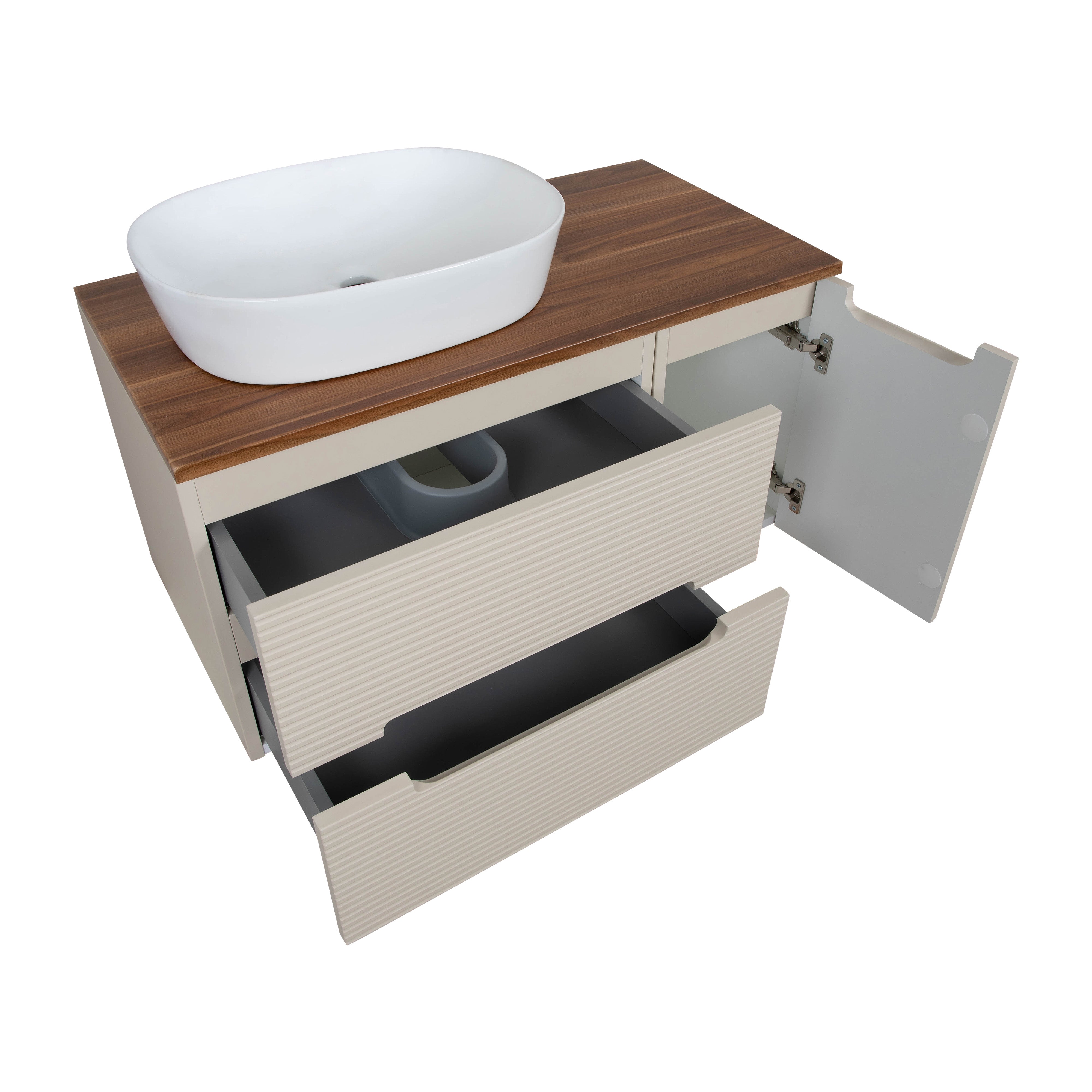 Monza Plus 900mm Fluted Wall Hung Vanity & Counter Top - Warm Oatmeal/Cali Walnut