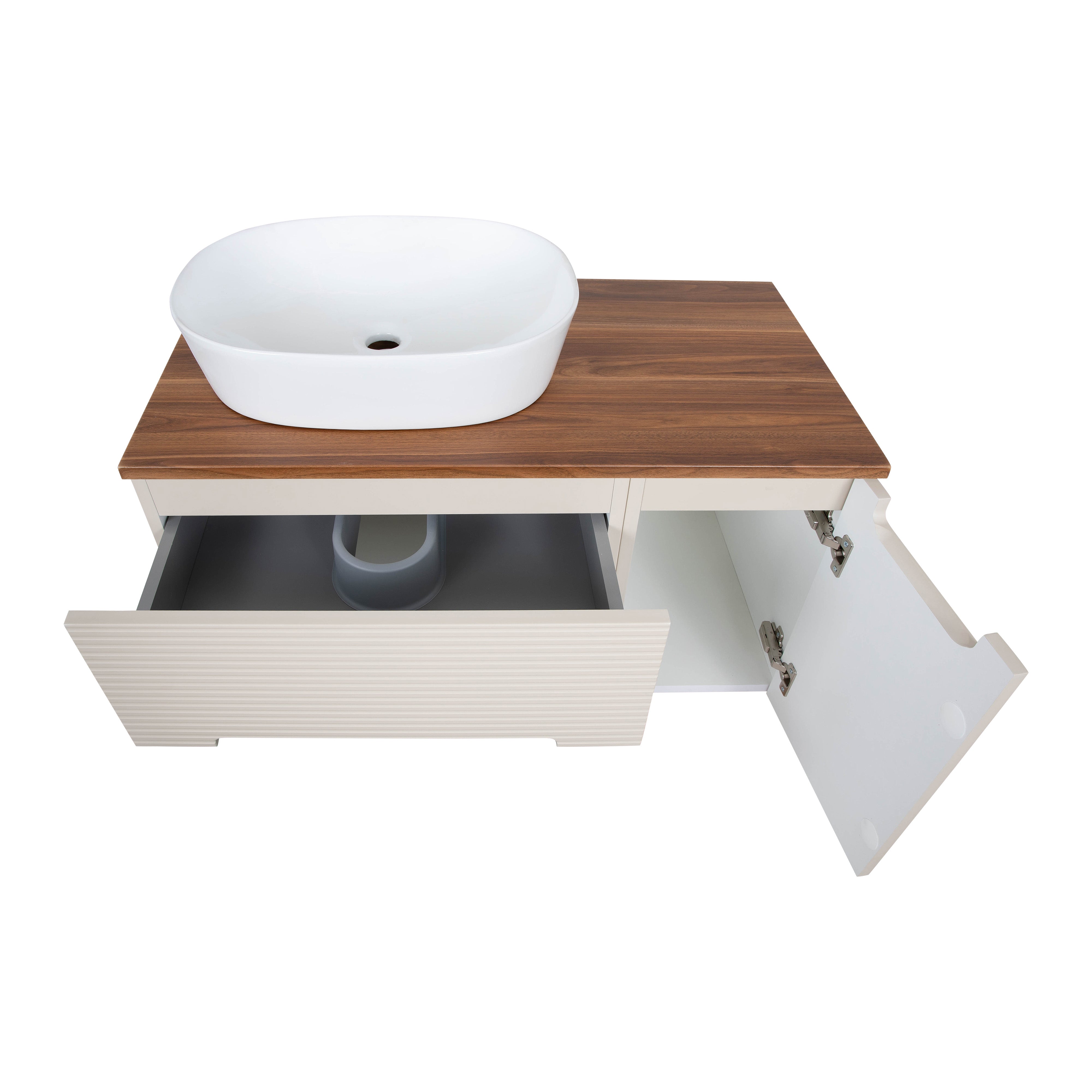 Monza Plus 900mm Fluted Wall Hung Vanity & Counter Top - Warm Oatmeal/Cali Walnut