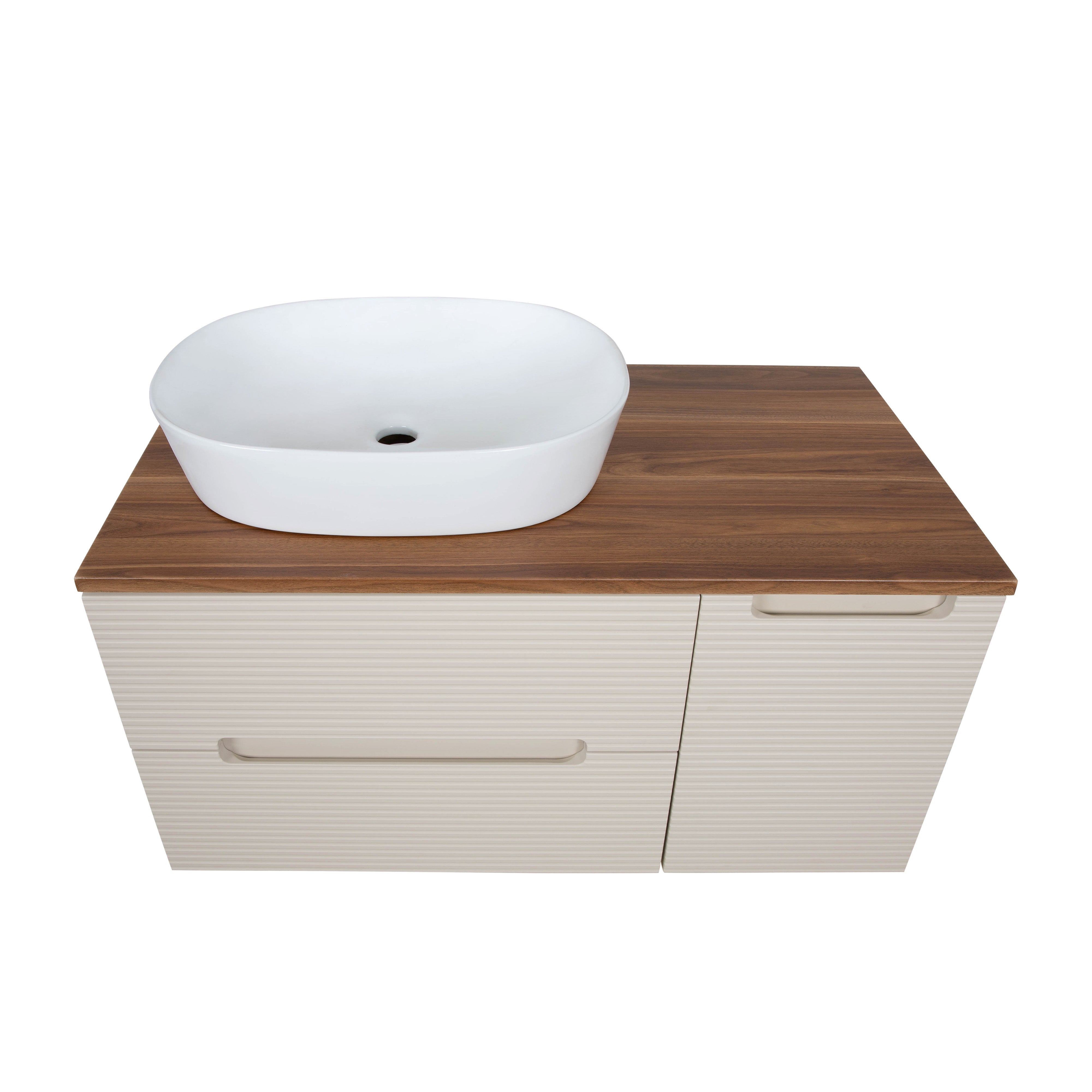 Monza Plus 900mm Fluted Wall Hung Vanity & Counter Top - Warm Oatmeal/Cali Walnut