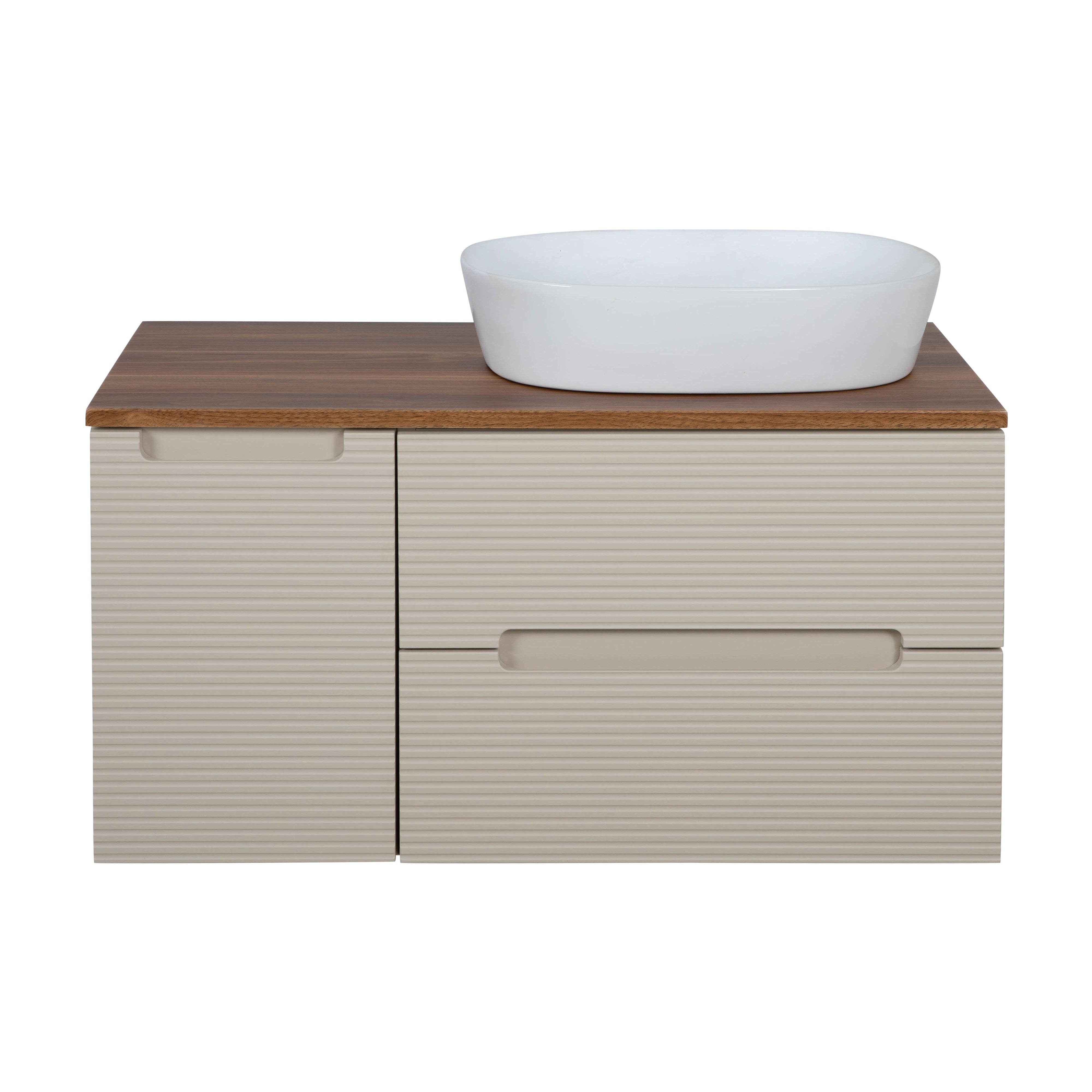 Monza Plus 900mm Fluted Wall Hung Vanity & Counter Top - Warm Oatmeal/Cali Walnut