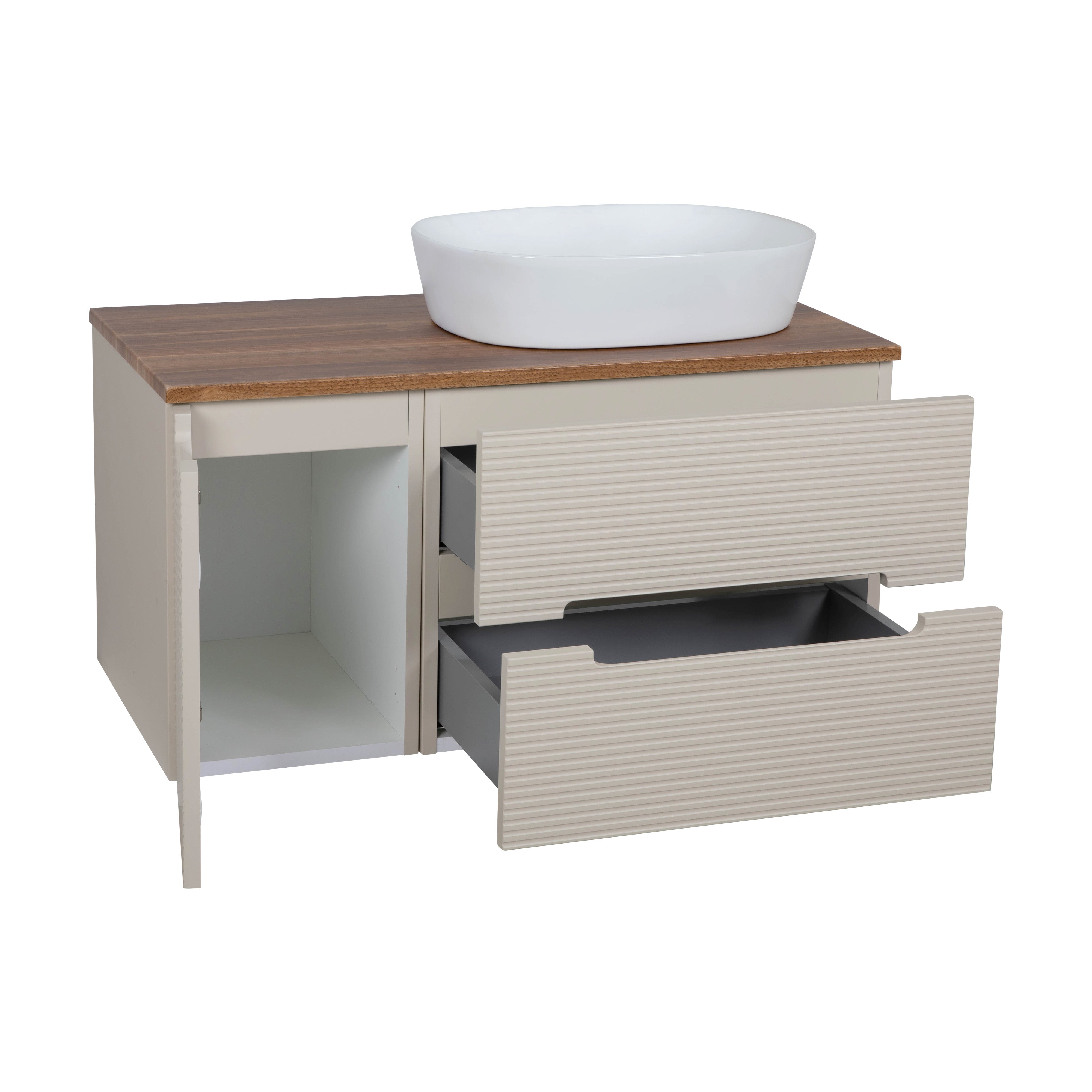 Monza Plus 900mm Fluted Wall Hung Vanity & Counter Top - Warm Oatmeal/Cali Walnut