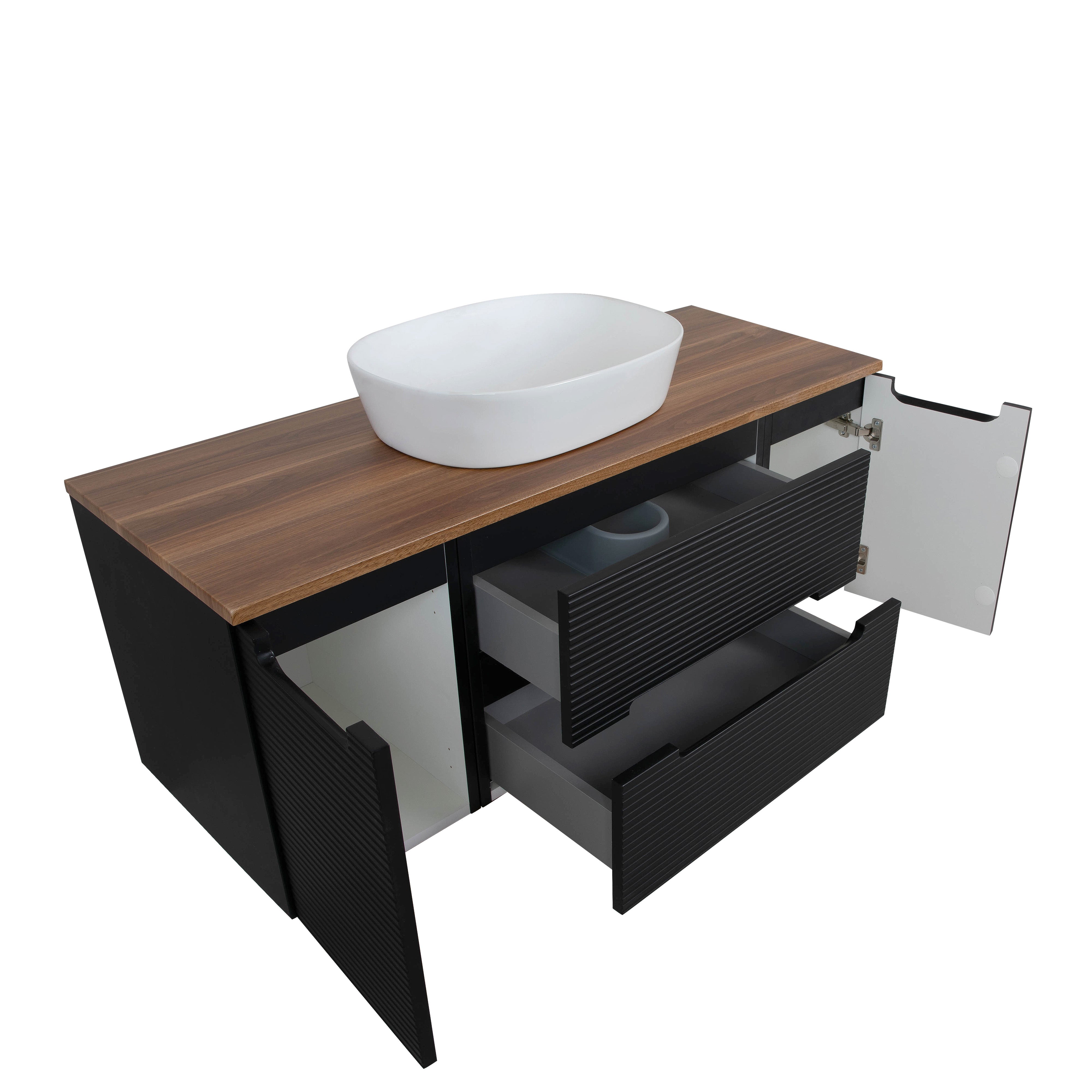 Monza Plus 1200mm Fluted Wall Hung Vanity w. 2 Side Cabinets & Counter Top - Matte Black/Cali Walnut