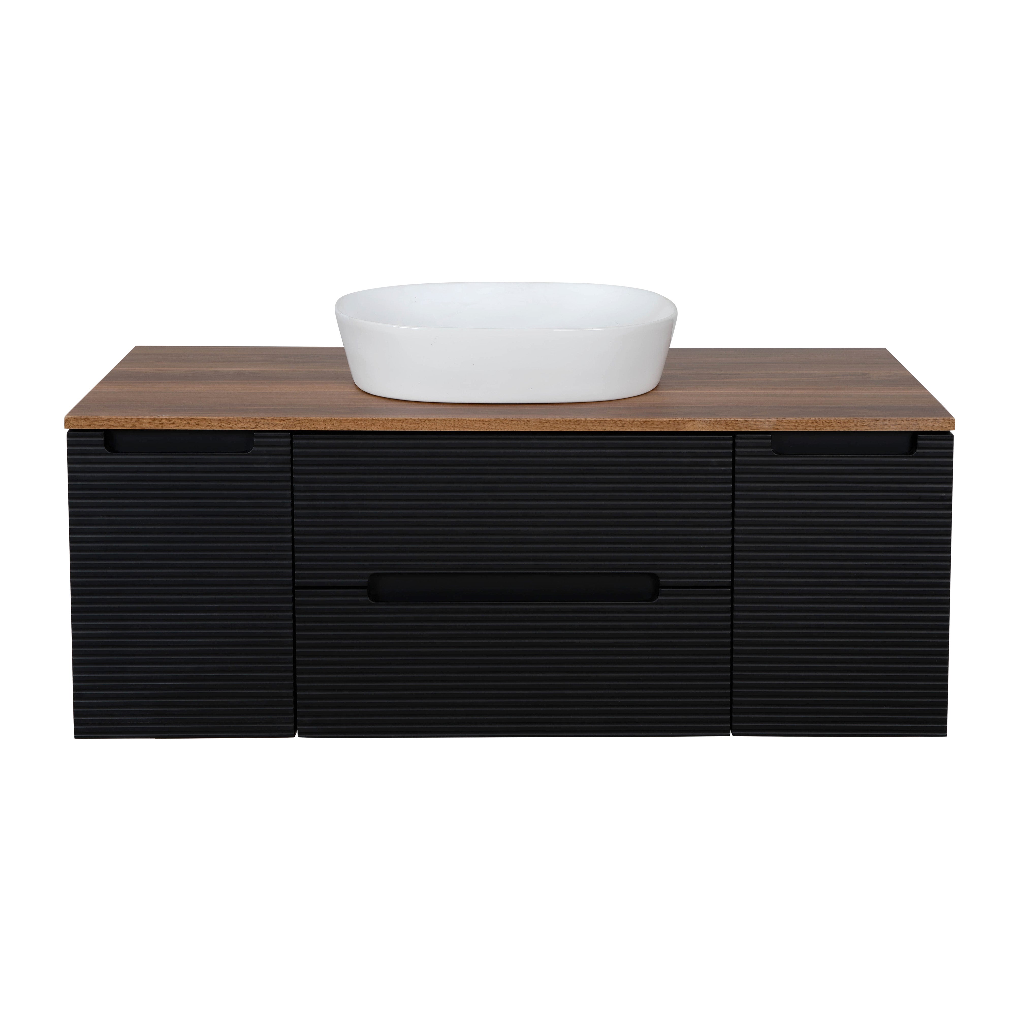 Monza Plus 1200mm Fluted Wall Hung Vanity w. 2 Side Cabinets & Counter Top - Matte Black/Cali Walnut