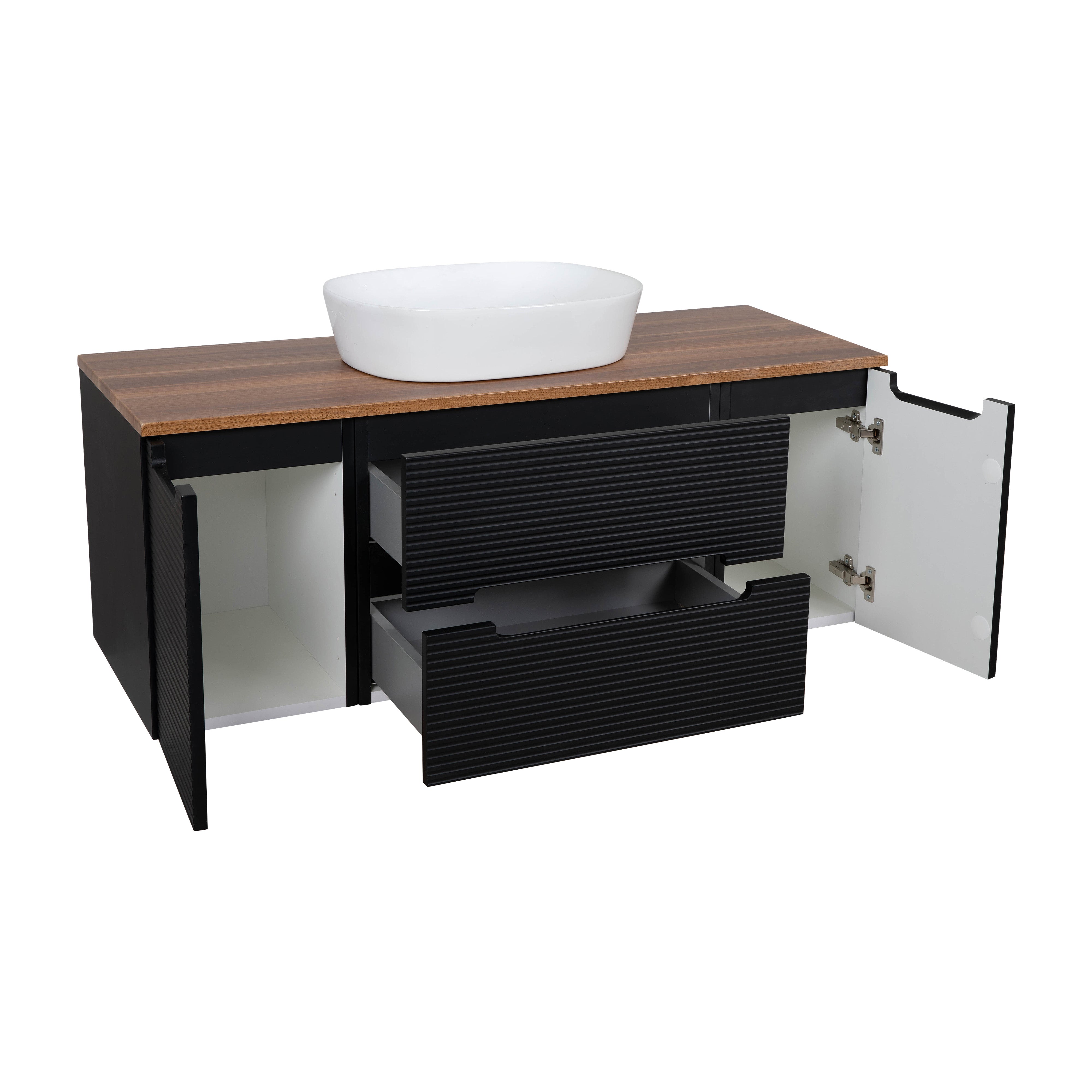 Monza Plus 1200mm Fluted Wall Hung Vanity w. 2 Side Cabinets & Counter Top - Matte Black/Cali Walnut