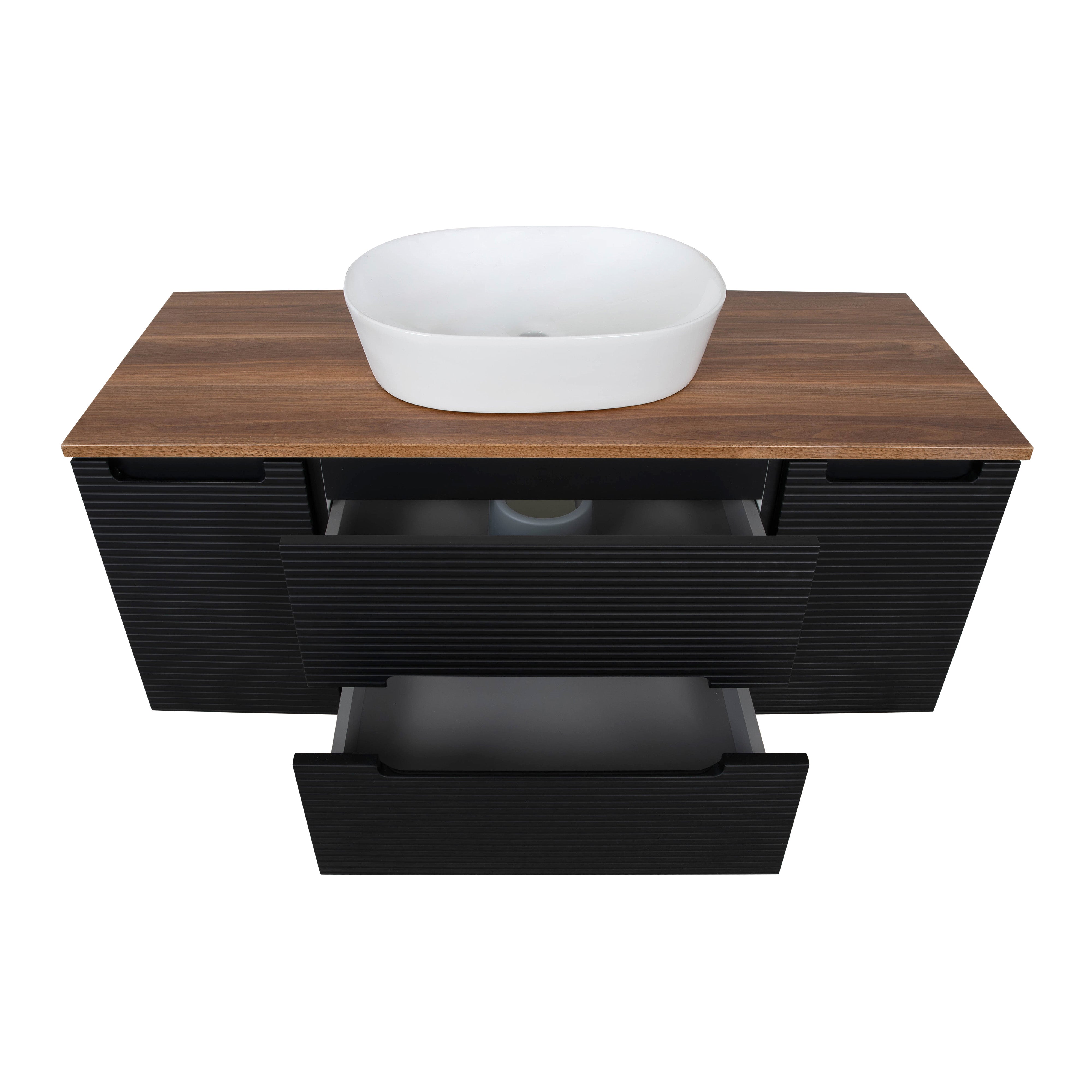 Monza Plus 1200mm Fluted Wall Hung Vanity w. 2 Side Cabinets & Counter Top - Matte Black/Cali Walnut