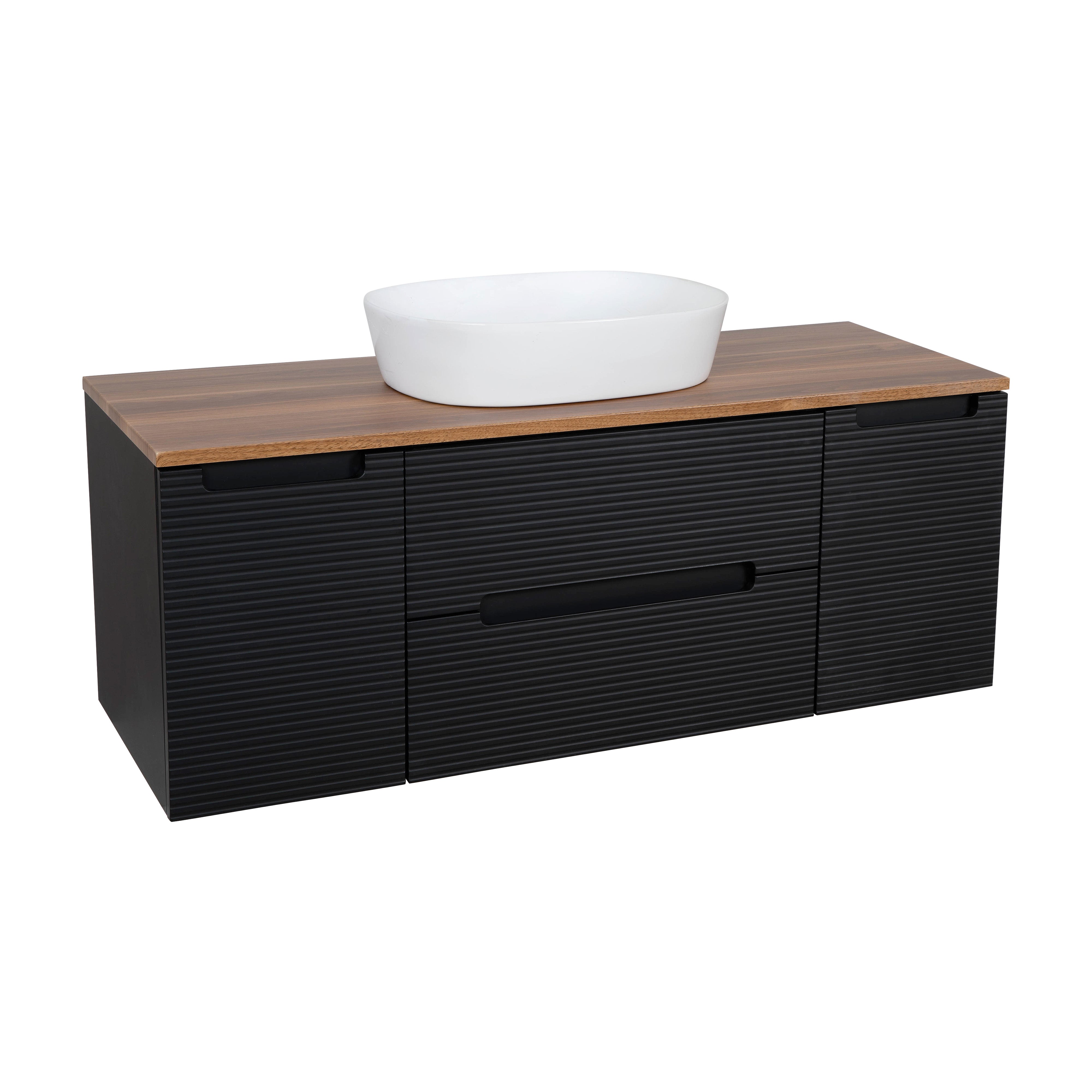Monza Plus 1200mm Fluted Wall Hung Vanity w. 2 Side Cabinets & Counter Top - Matte Black/Cali Walnut