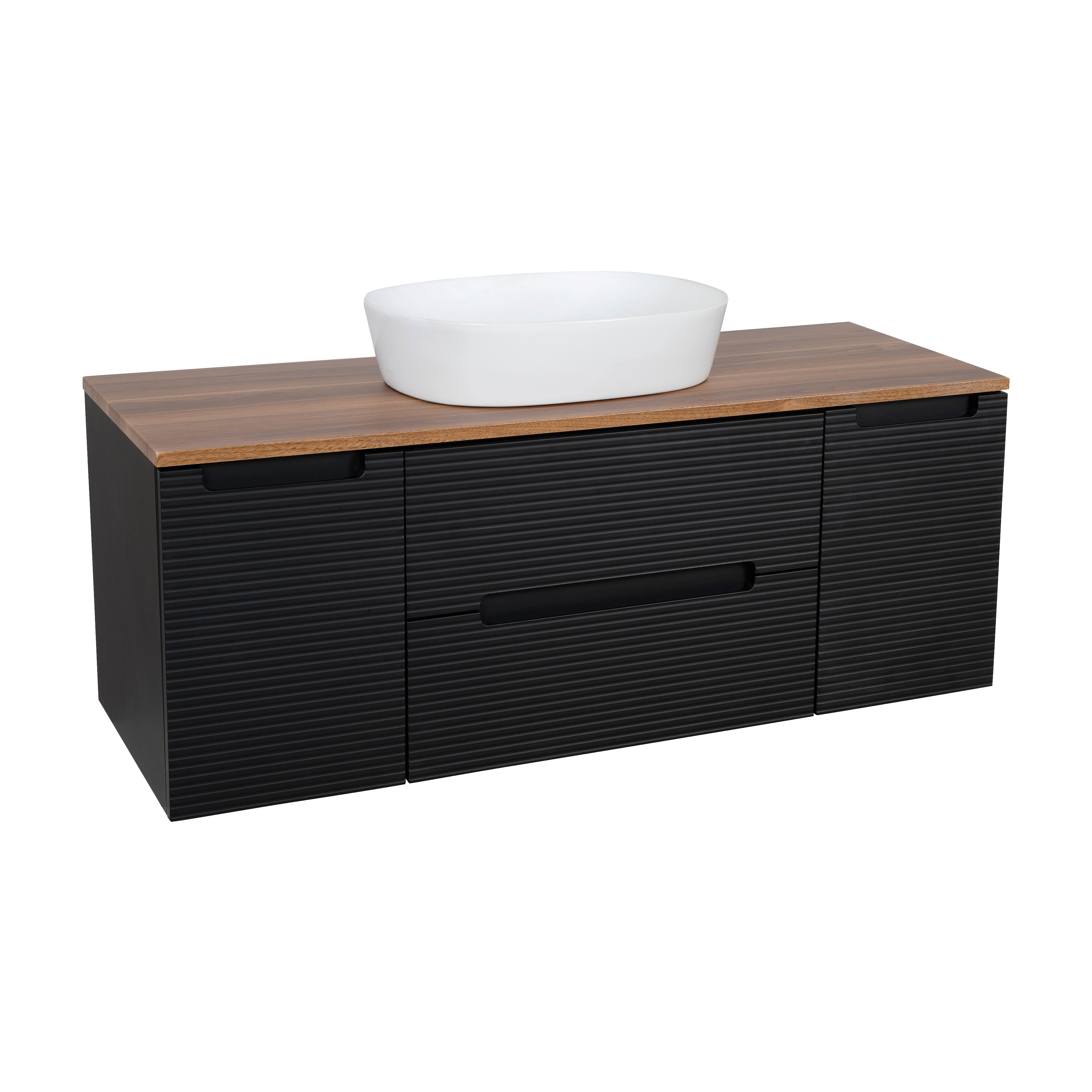 Monza Plus 1200mm Fluted Wall Hung Vanity w. 2 Side Cabinets & Counter Top - Matte Black/Cali Walnut