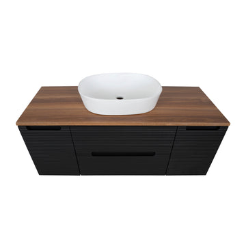 Monza Plus 1200mm Fluted Wall Hung Vanity w. 2 Side Cabinets & Counter Top - Matte Black/Cali Walnut