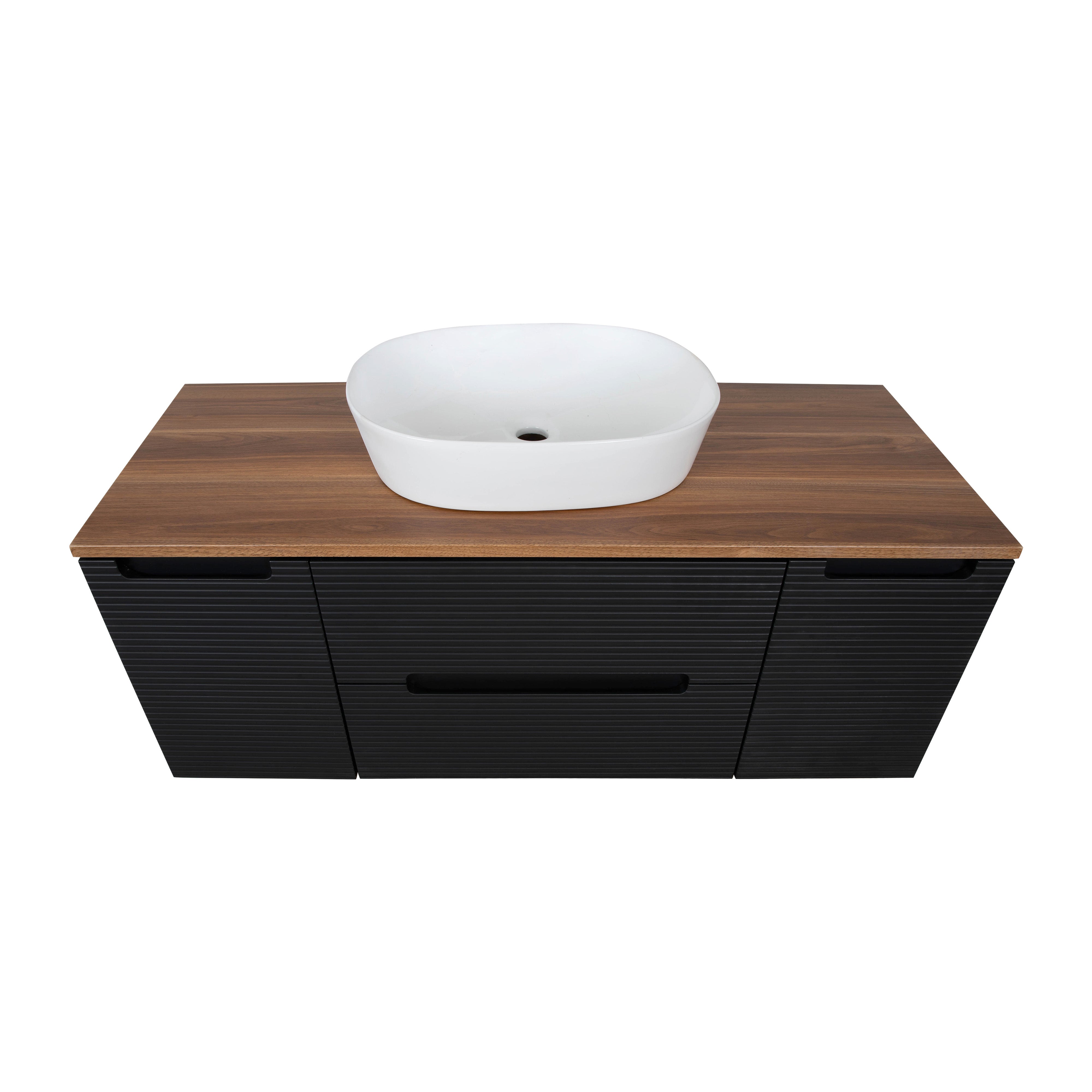 Monza Plus 1200mm Fluted Wall Hung Vanity w. 2 Side Cabinets & Counter Top - Matte Black/Cali Walnut