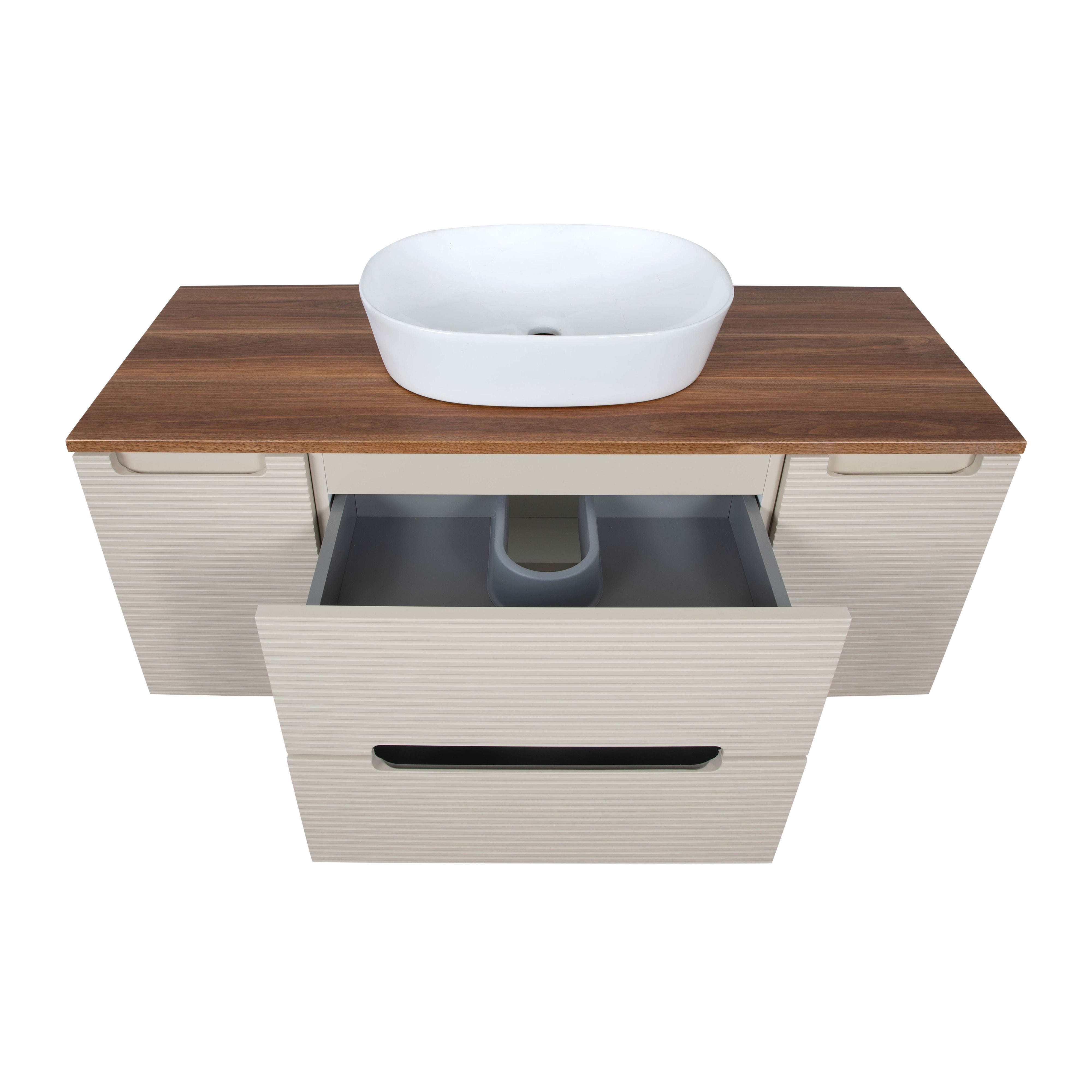 Monza Plus 1200mm Fluted Wall Hung Vanity w. 2 Side Cabinets & Counter Top - Warm Oatmeal/Cali Walnut