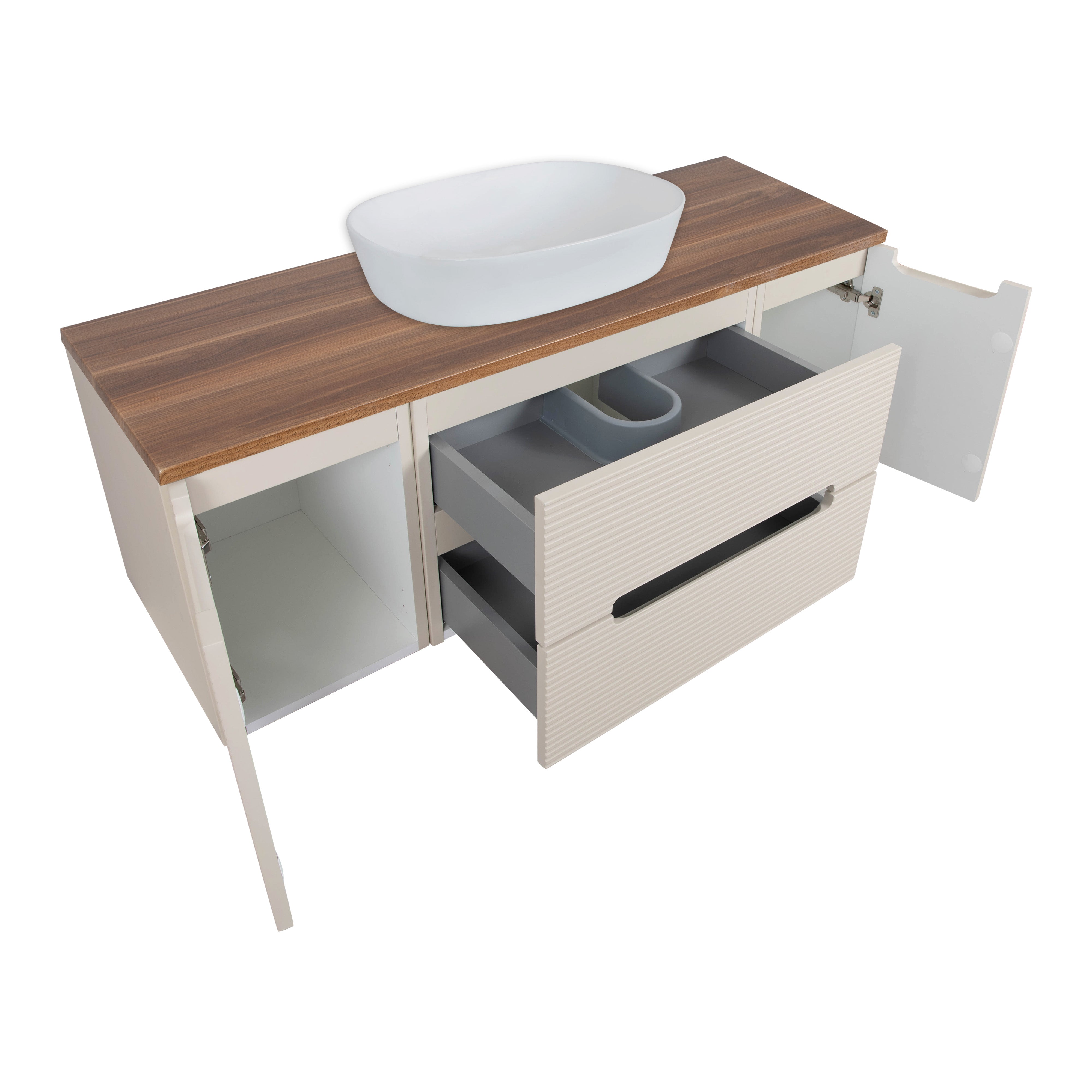 Monza Plus 1200mm Fluted Wall Hung Vanity w. 2 Side Cabinets & Counter Top - Warm Oatmeal/Cali Walnut