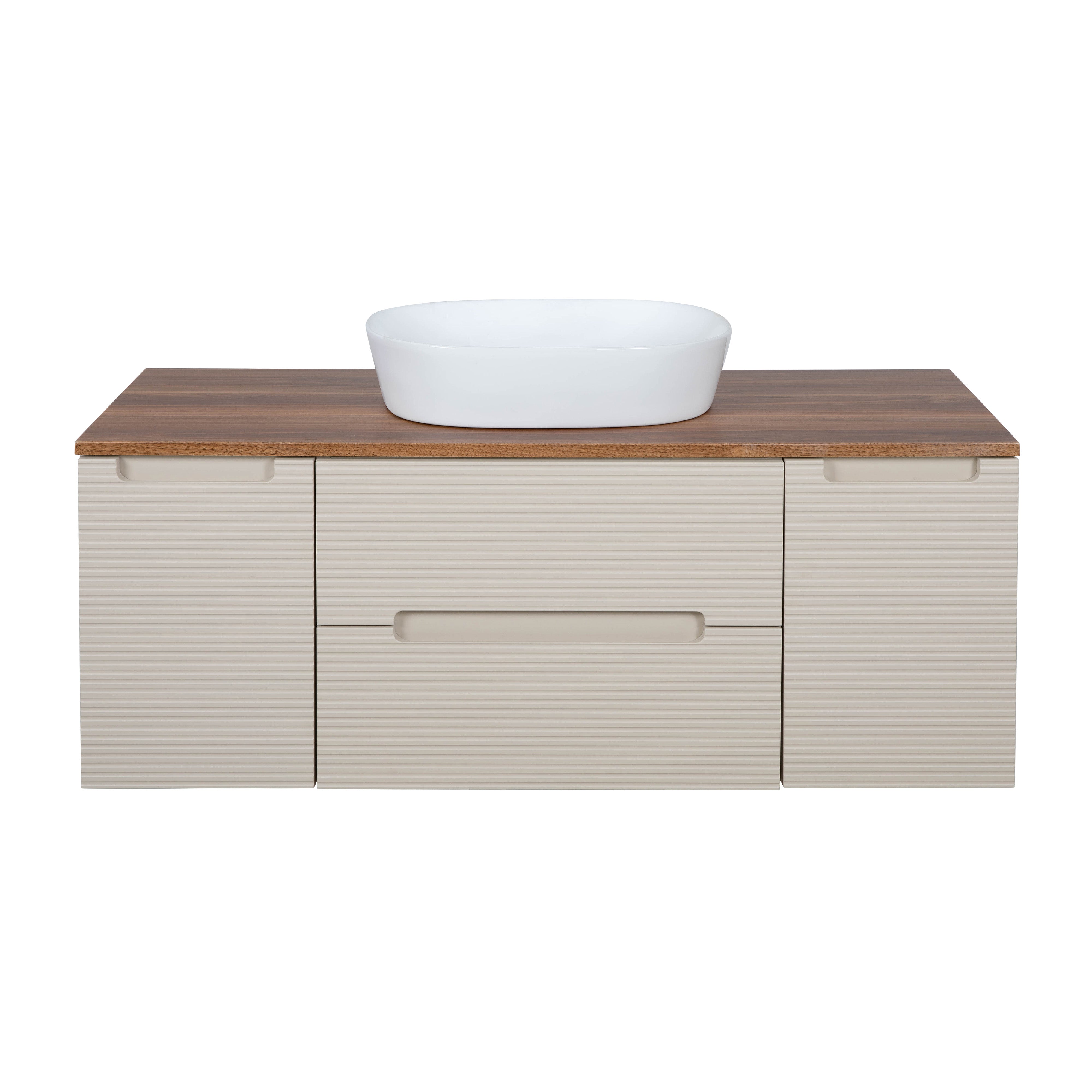Monza Plus 1200mm Fluted Wall Hung Vanity w. 2 Side Cabinets & Counter Top - Warm Oatmeal/Cali Walnut