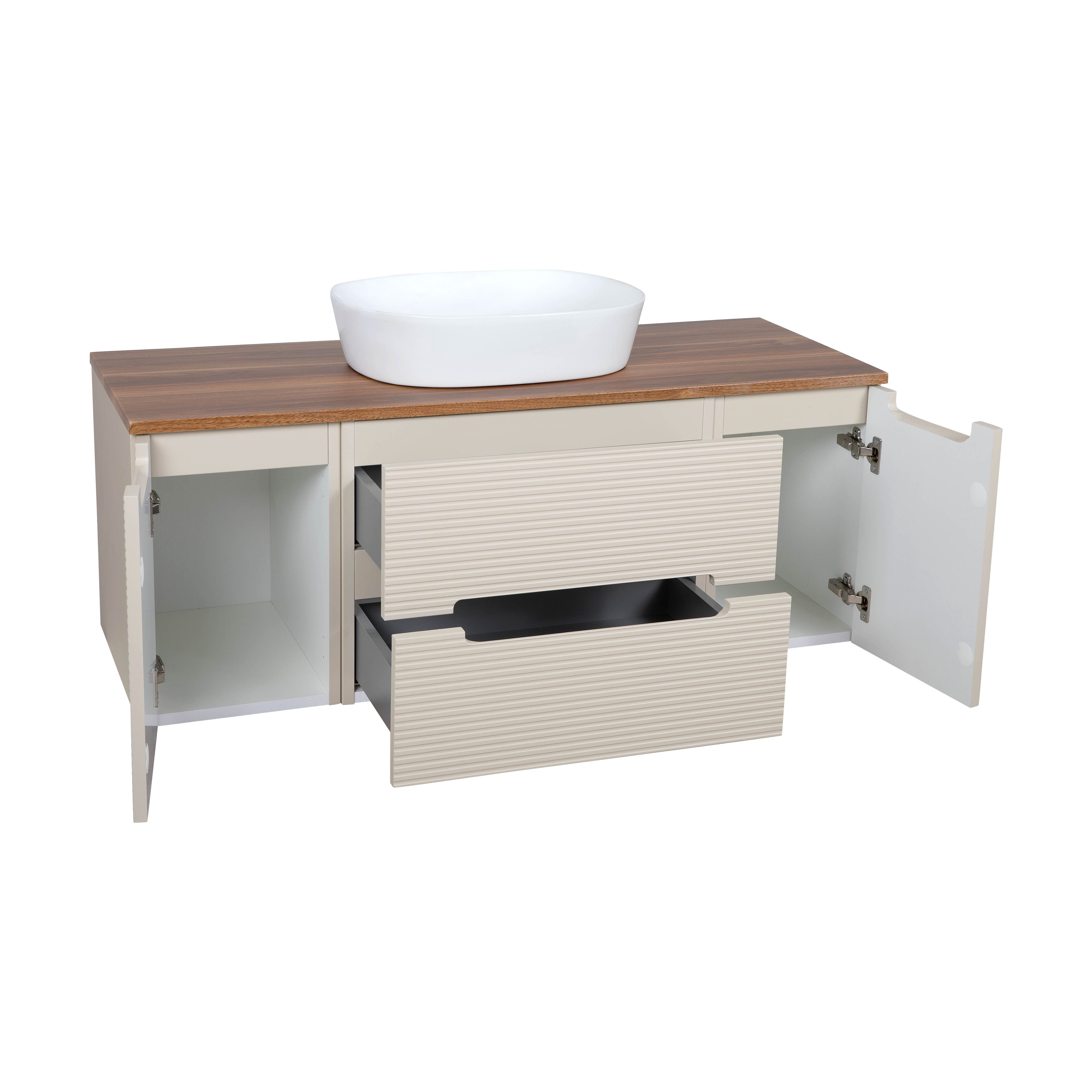 Monza Plus 1200mm Fluted Wall Hung Vanity w. 2 Side Cabinets & Counter Top - Warm Oatmeal/Cali Walnut