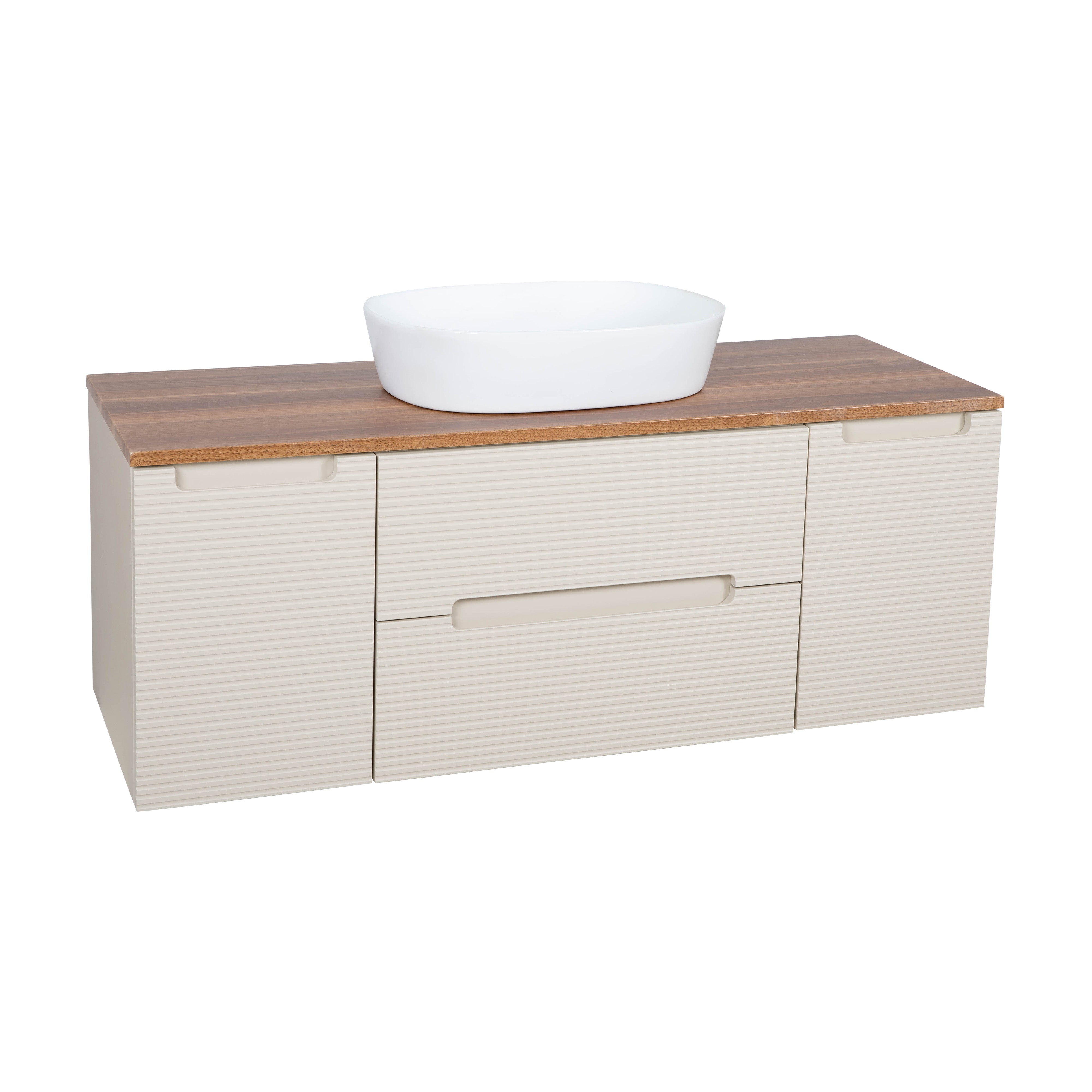 Monza Plus 1200mm Fluted Wall Hung Vanity w. 2 Side Cabinets & Counter Top - Warm Oatmeal/Cali Walnut