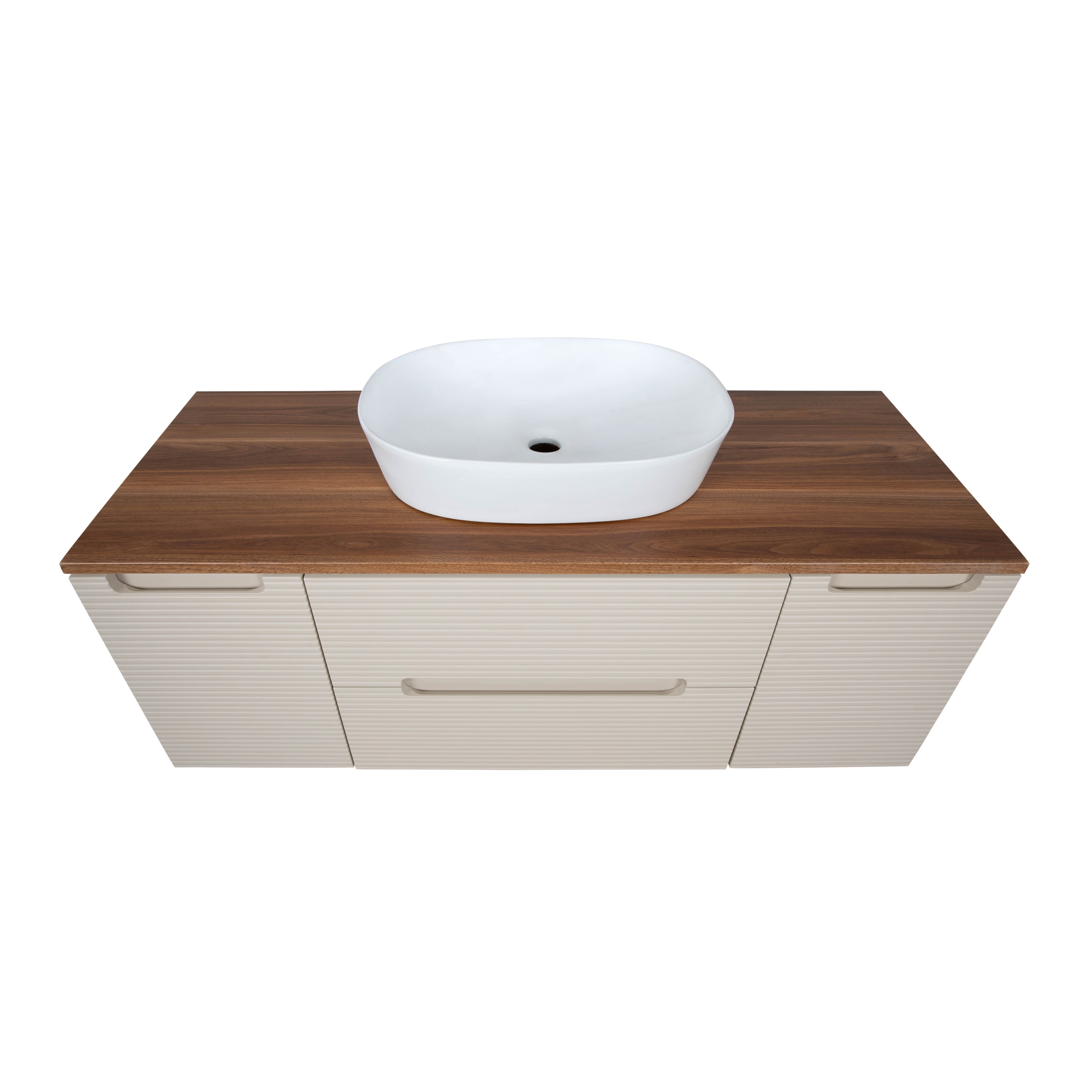 Monza Plus 1200mm Fluted Wall Hung Vanity w. 2 Side Cabinets & Counter Top - Warm Oatmeal/Cali Walnut