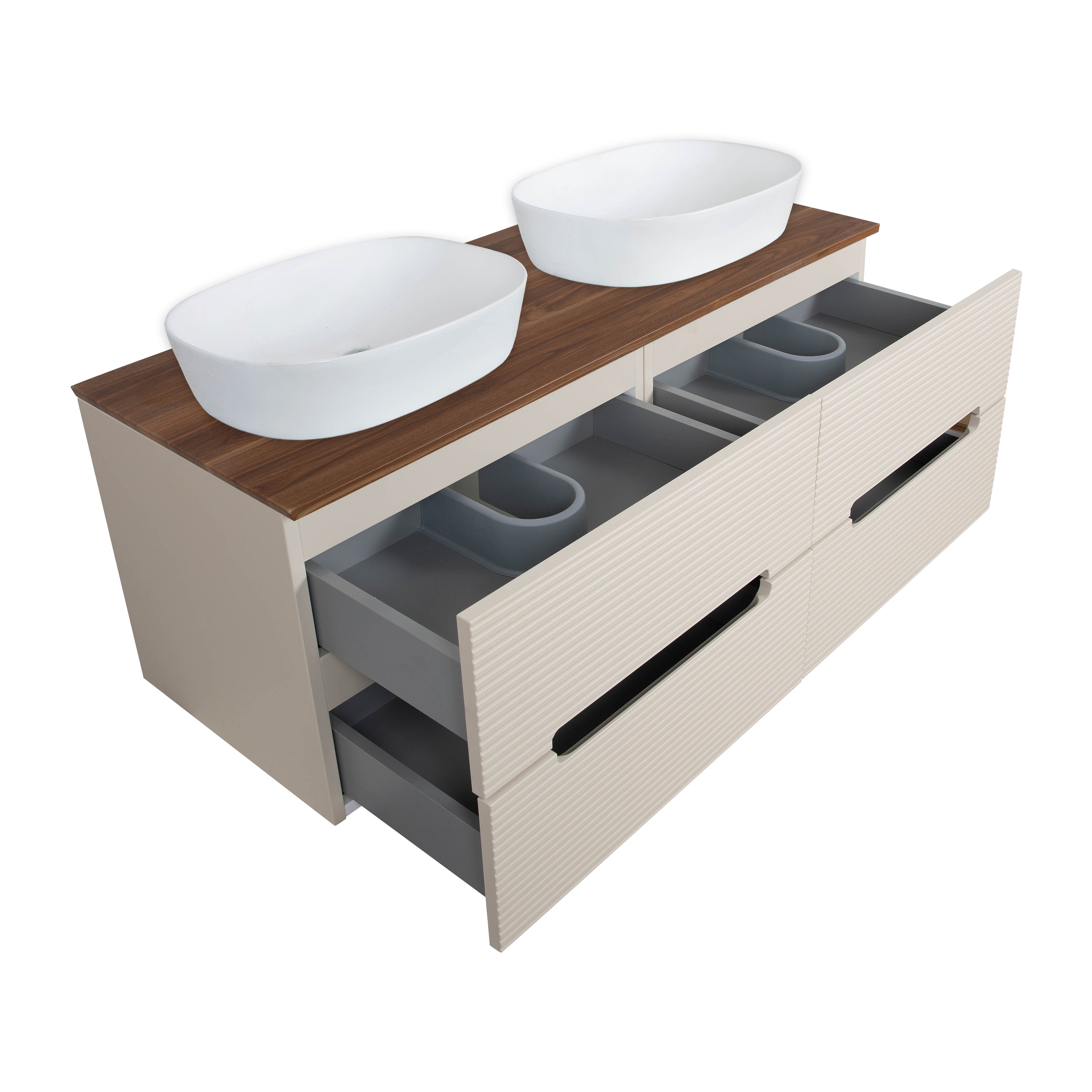Monza Plus 1200mm Fluted Wall Hung Double Vanity w. Counter Top - Warm Oatmeal/Cali Walnut