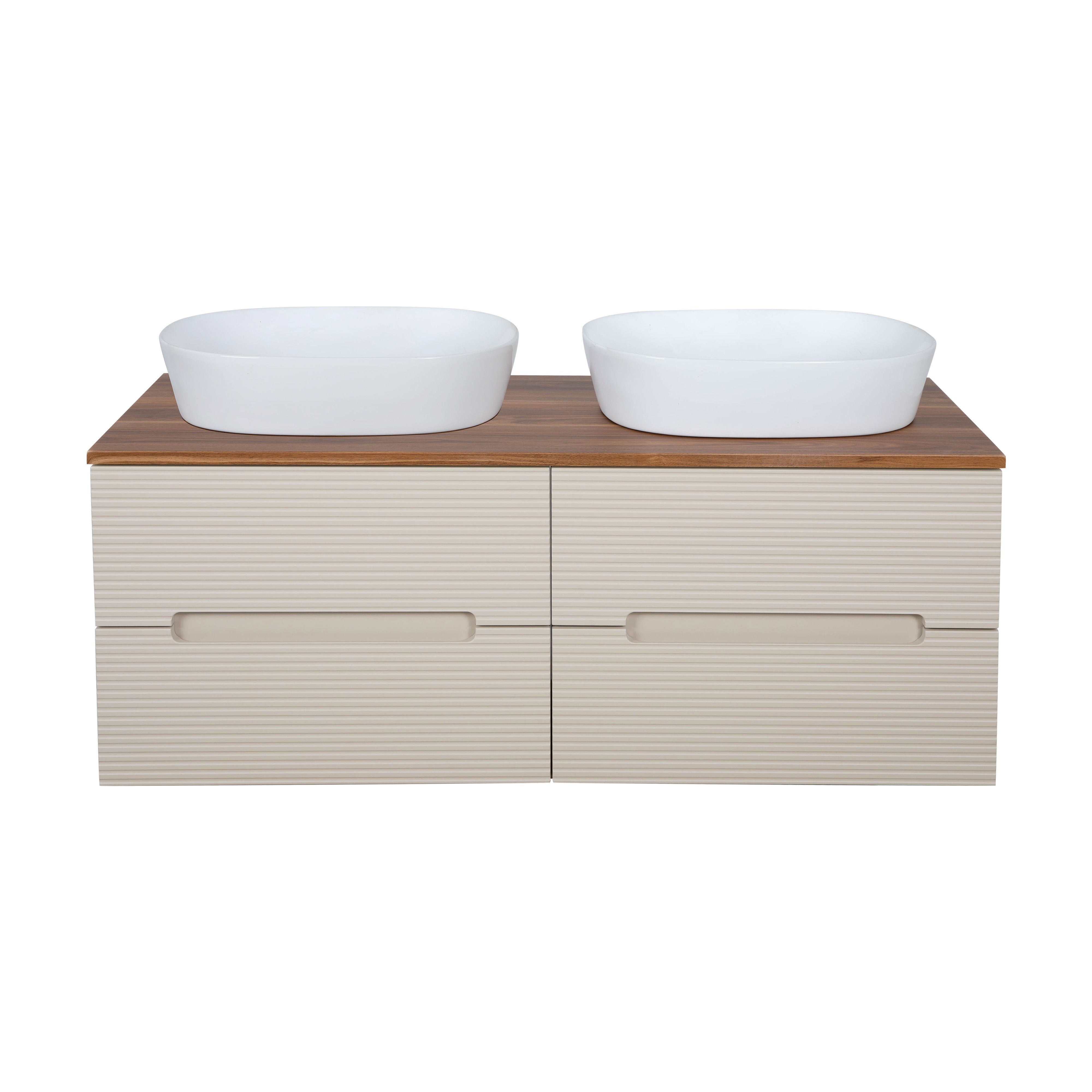 Monza Plus 1200mm Fluted Wall Hung Double Vanity w. Counter Top - Warm Oatmeal/Cali Walnut