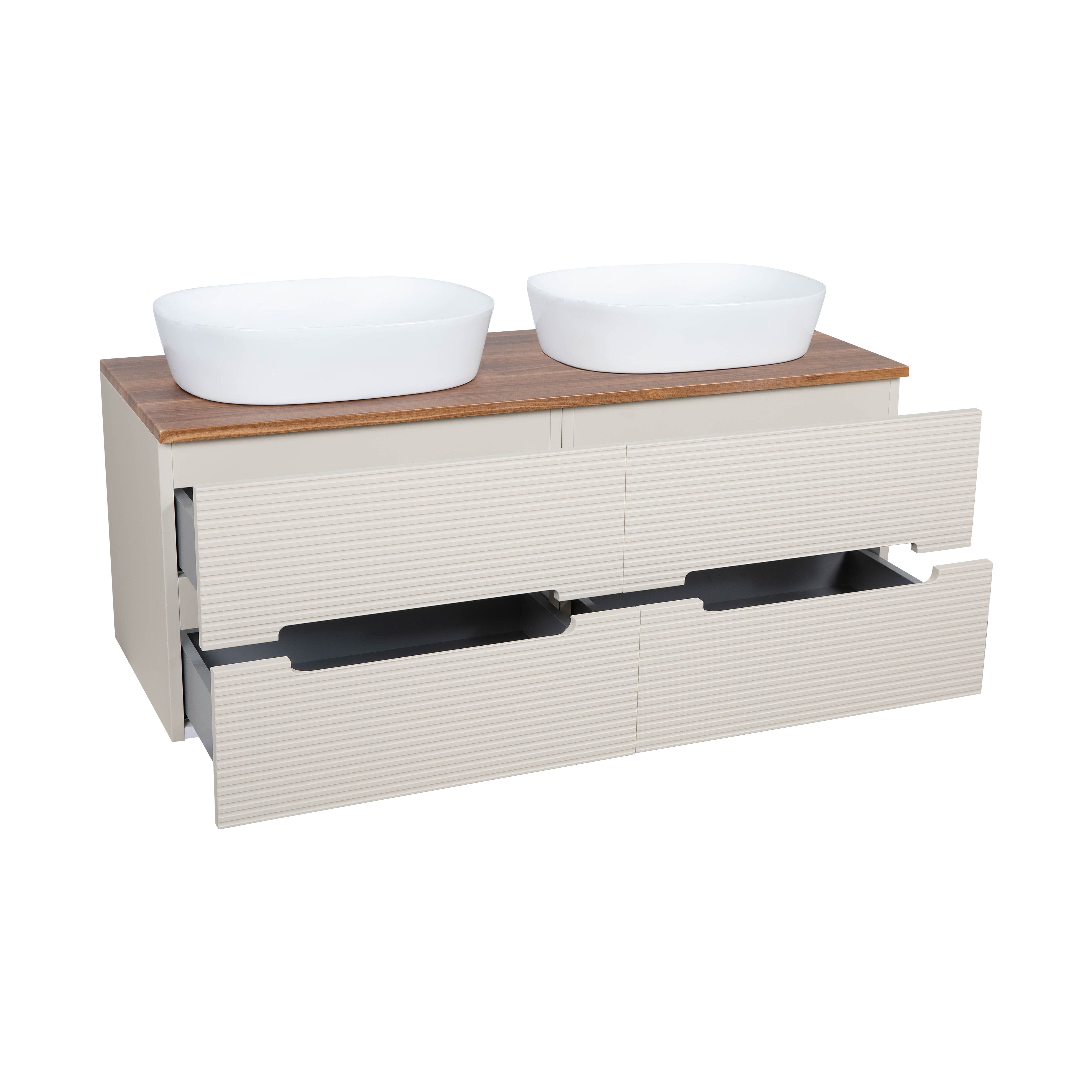 Monza Plus 1200mm Fluted Wall Hung Double Vanity w. Counter Top - Warm Oatmeal/Cali Walnut