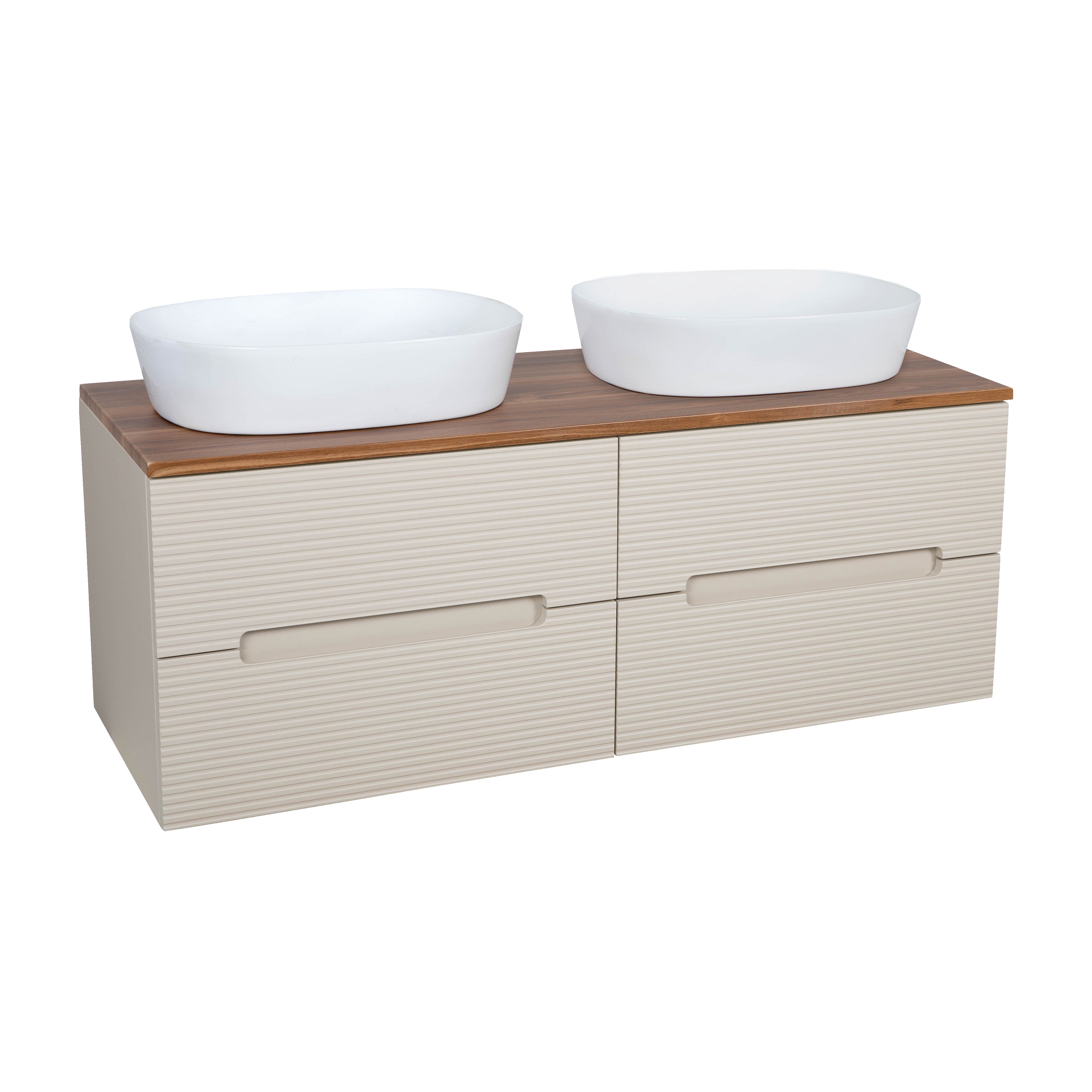 Monza Plus 1200mm Fluted Wall Hung Double Vanity w. Counter Top - Warm Oatmeal/Cali Walnut