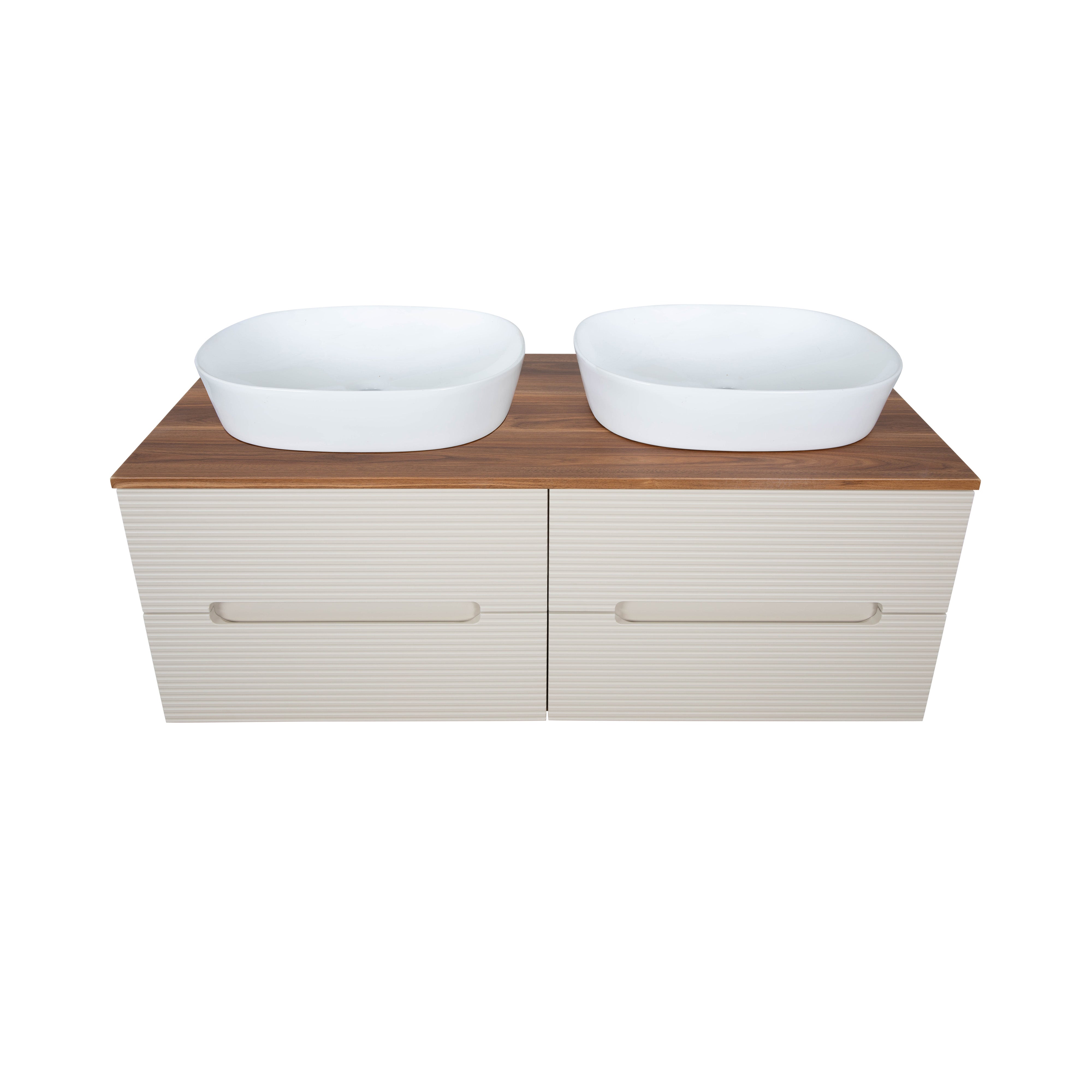 Monza Plus 1200mm Fluted Wall Hung Double Vanity w. Counter Top - Warm Oatmeal/Cali Walnut
