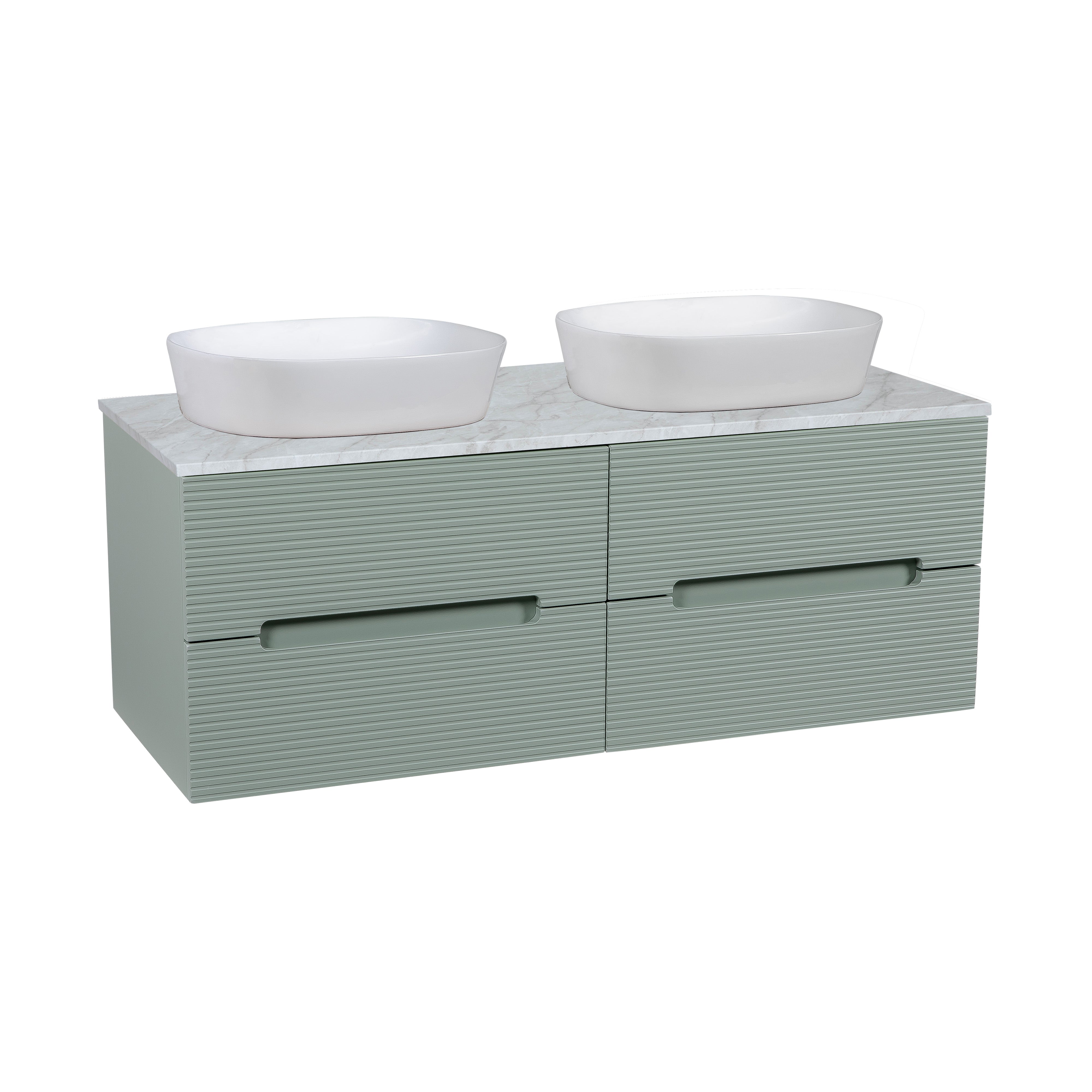 Monza Plus 1200mm Fluted Wall Hung Double Vanity w. Counter Top - Aloe Green/Grey Marble