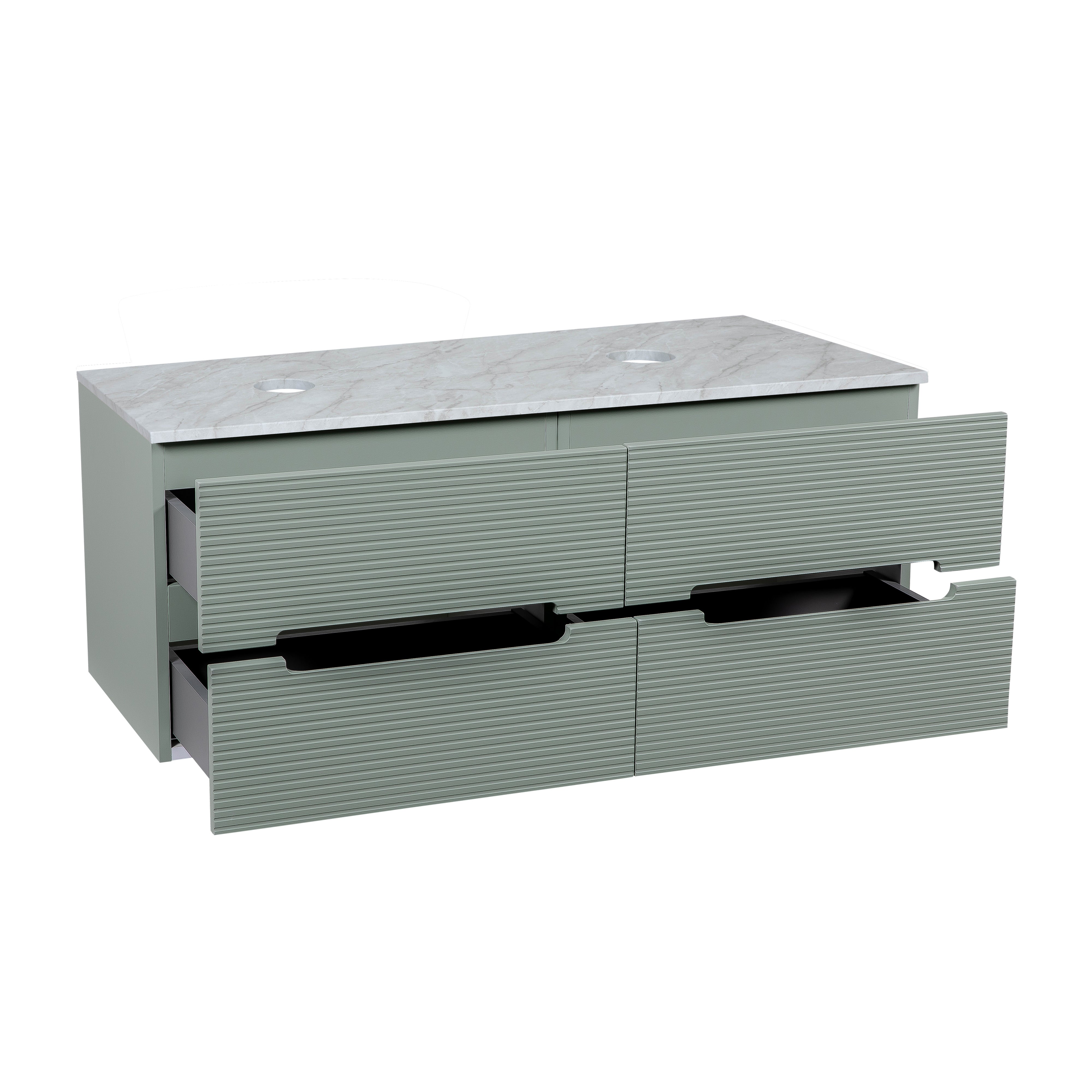 Monza Plus 1200mm Fluted Wall Hung Double Vanity w. Counter Top - Aloe Green/Grey Marble
