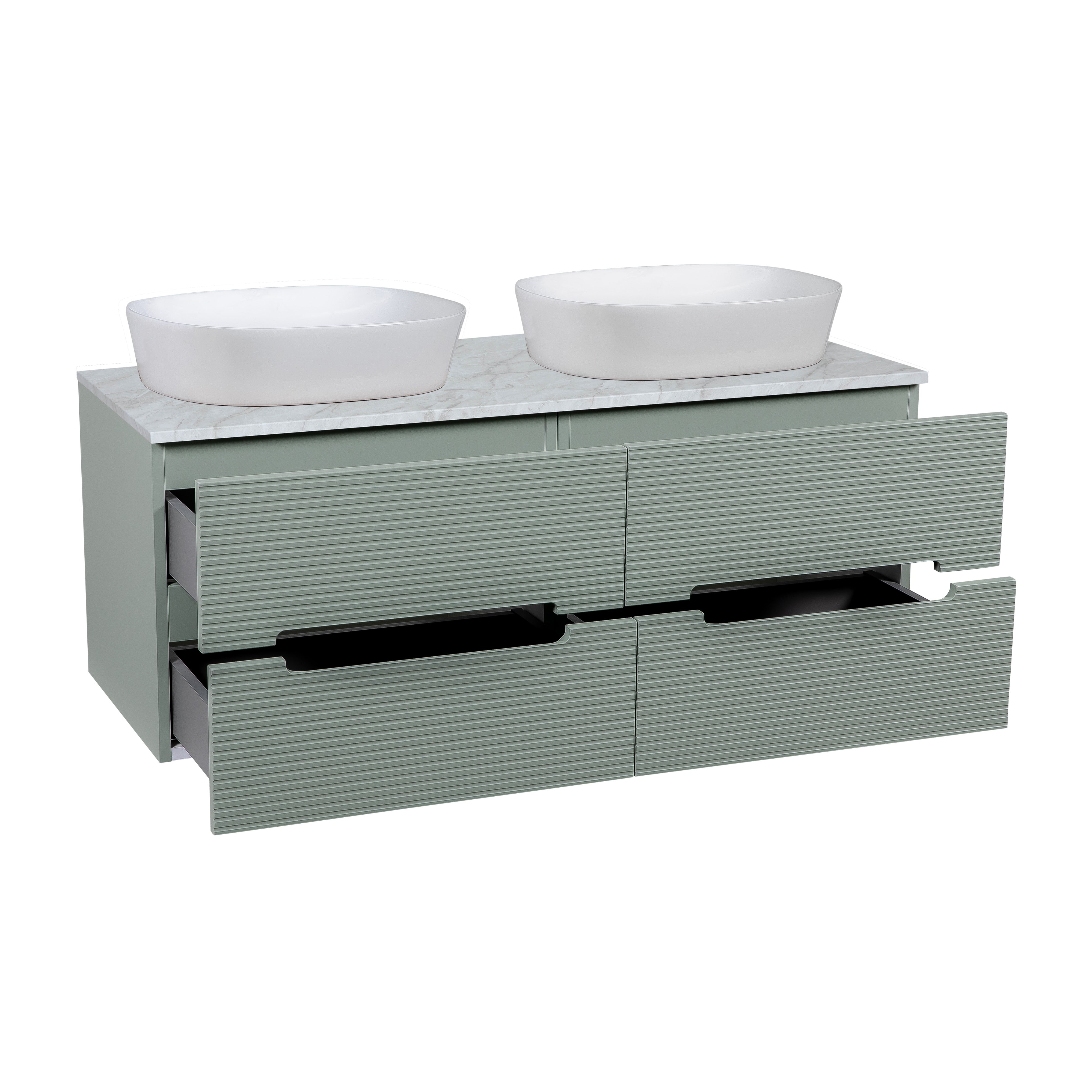 Monza Plus 1200mm Fluted Wall Hung Double Vanity w. Counter Top - Aloe Green/Grey Marble