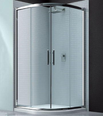 Tuskan Tiles Merlyn 6-Series 2-door sliding shower quadrant with chrome aluminum frame, 900x900mm, showcasing sleek modern design