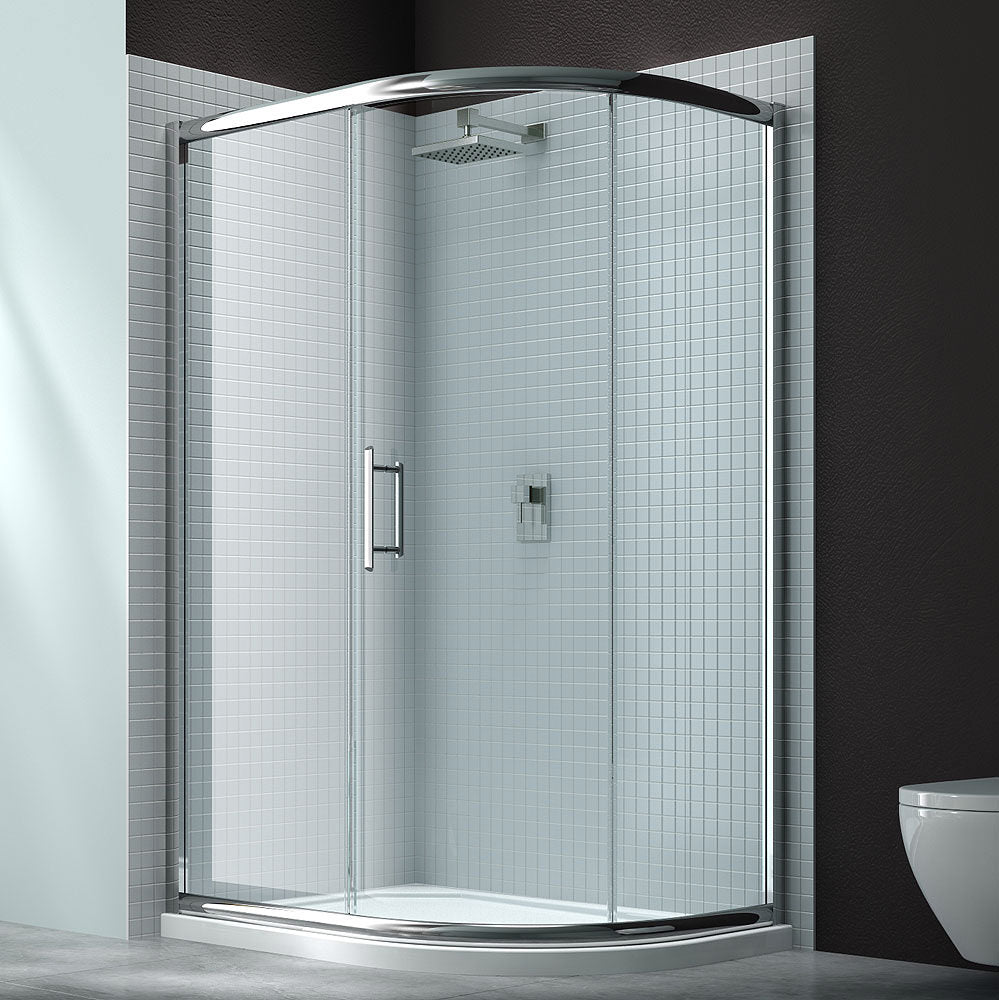 Tuskan Tiles Merlyn 6-Series sliding offset quadrant shower enclosure with clear glass, 1000 x 800mm, featuring single sliding door.