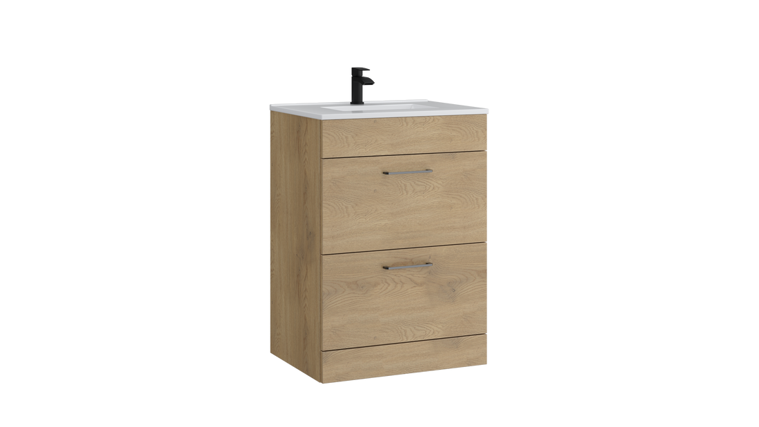Dove 600mm 2 Drawer Floor Standing Unit with Ceramic Basin – Torro Oak - Tuskan Tiles