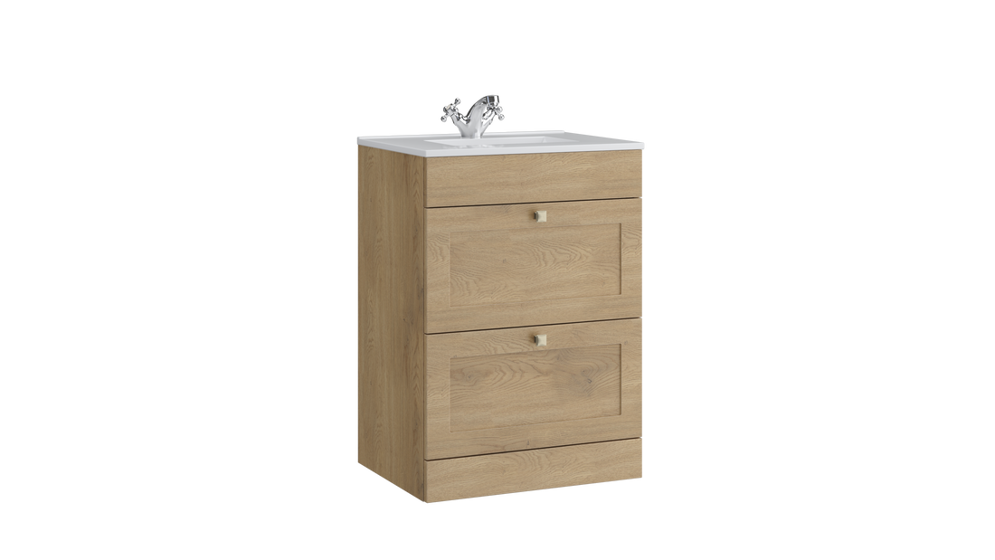 Sanctuary 600mm 2 Drawer Floor Standing Unit with Ceramic Basin – Torro Oak - Tuskan Tiles