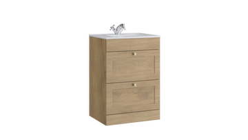 Sanctuary 600mm 2 Drawer Floor Standing Unit with Ceramic Basin – Torro Oak - Tuskan Tiles