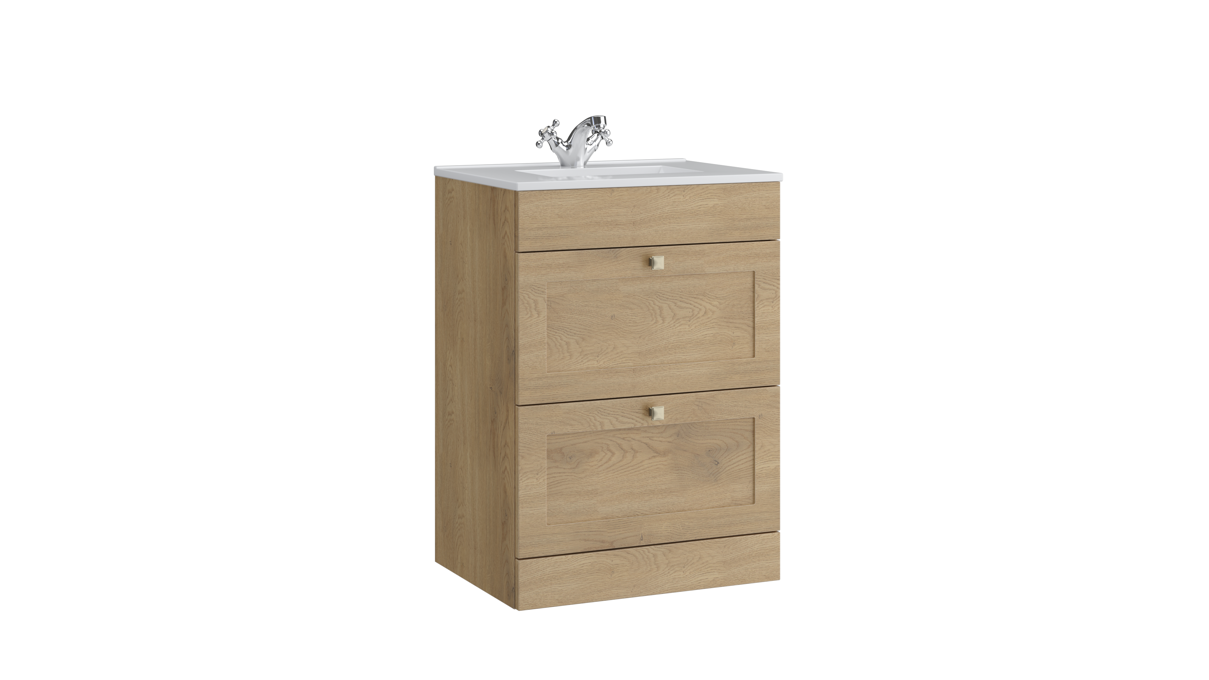 Sanctuary 600mm 2 Drawer Floor Standing Unit with Ceramic Basin – Torro Oak - Tuskan Tiles