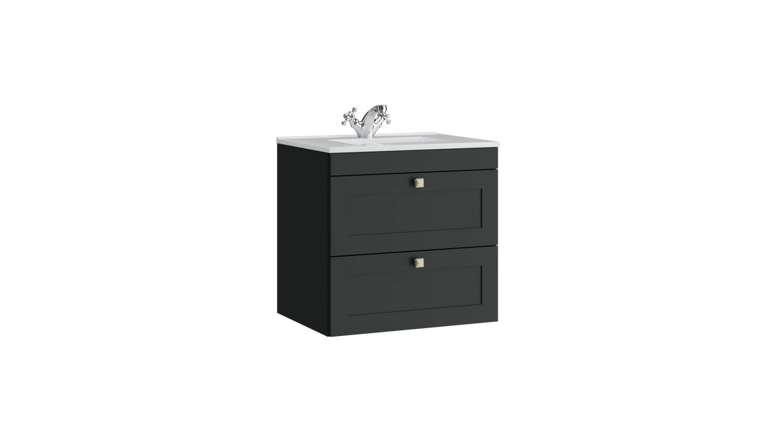 Sanctuary 600mm 2 Drawer Wall Mounted Unit with Ceramic Basin – Matt Anthracite - Tuskan Tiles