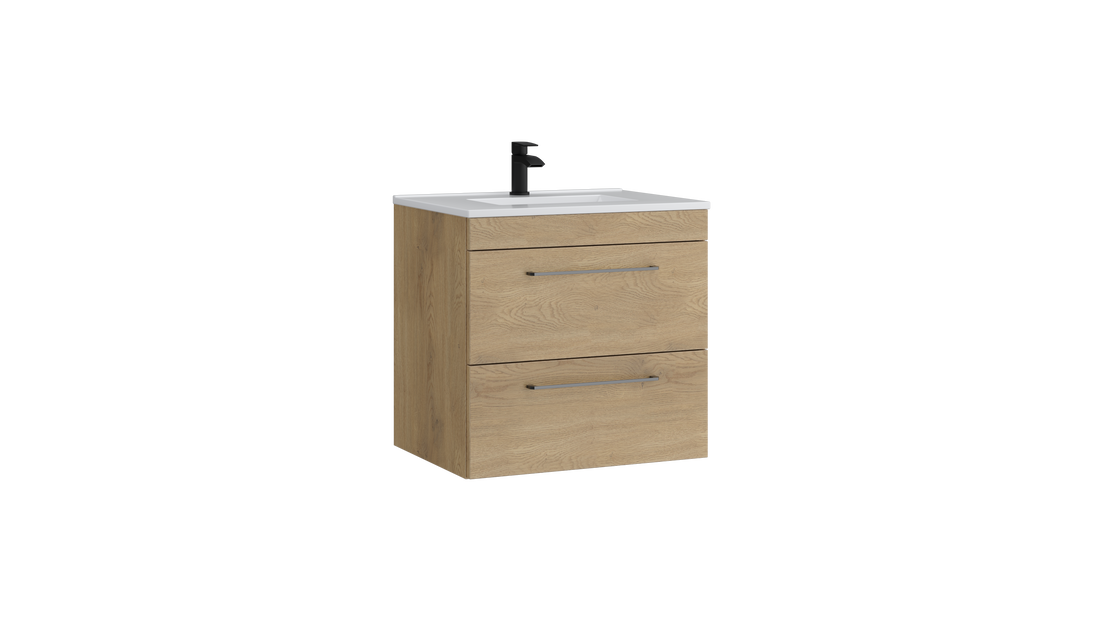 Dove 600mm 2 Drawer Wall Mounted Unit with Ceramic Basin – Torro Oak - Tuskan Tiles